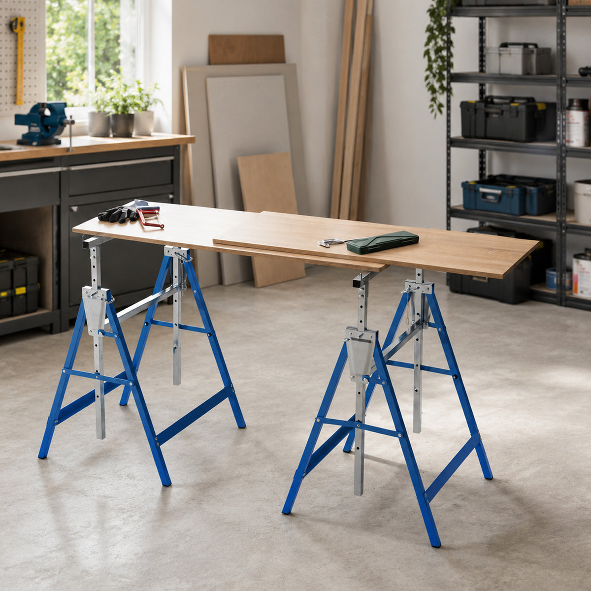 Set of 2 Adjustable Telescopic Builders Trestle, DIY Steel Work Bench Carpenter, Folding Saw Horse Tools Blue