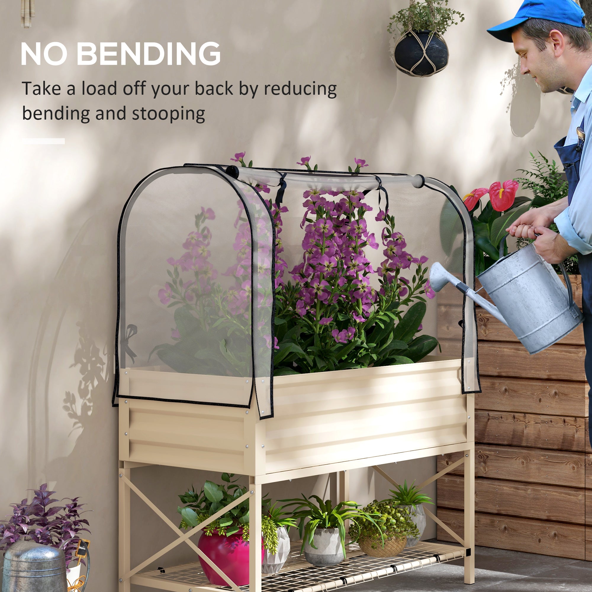 Raised Garden Bed with Legs and Cover, Metal Elevated Planter Box with Bottom Shelf and Liner for Vegetables, Cream - Cream White - Image 7