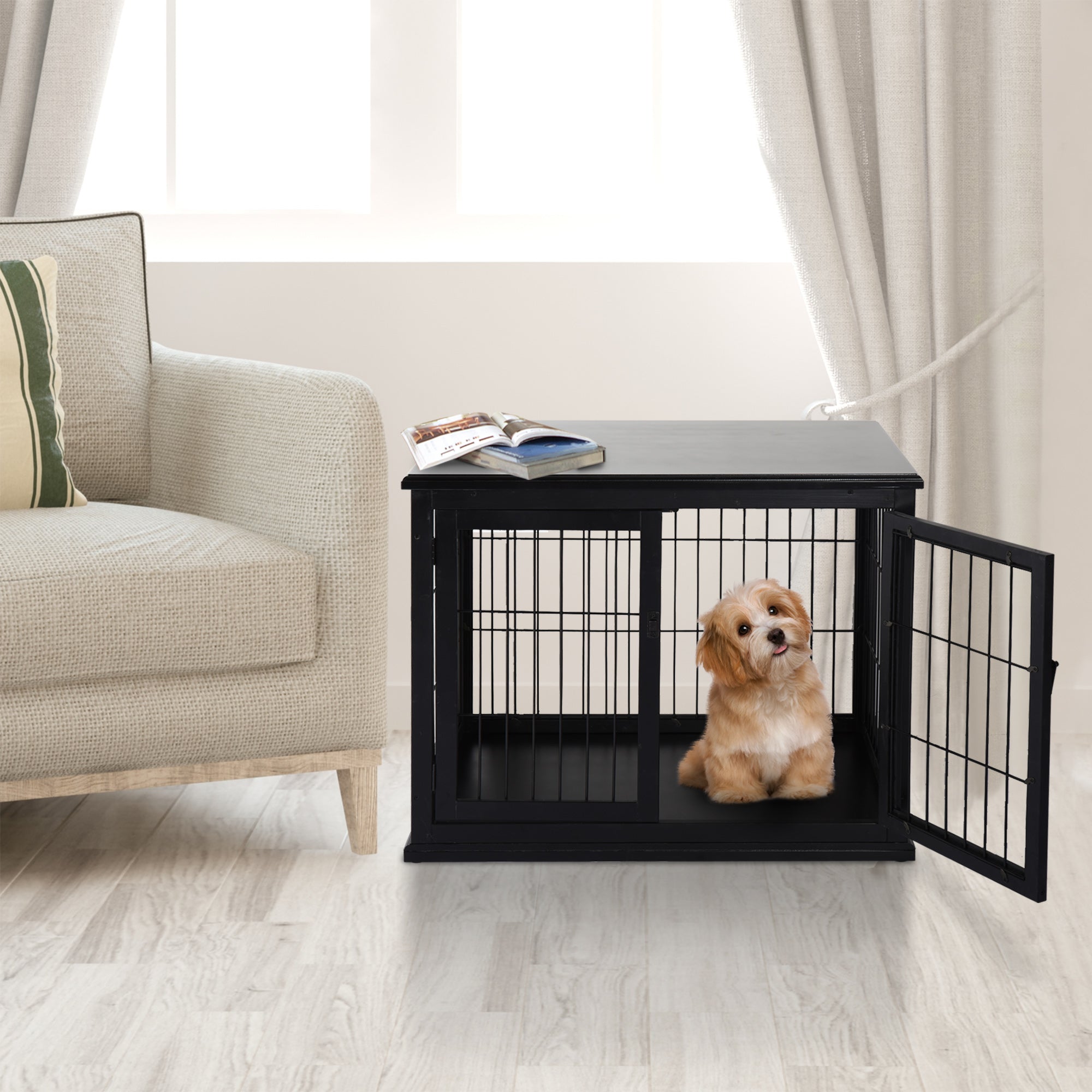 Dog Crate Furniture, 32" Small Dog Cage End Table with 2 Doors, Lockable Door, Puppy Kennel Indoor, Black - Black - Image 2