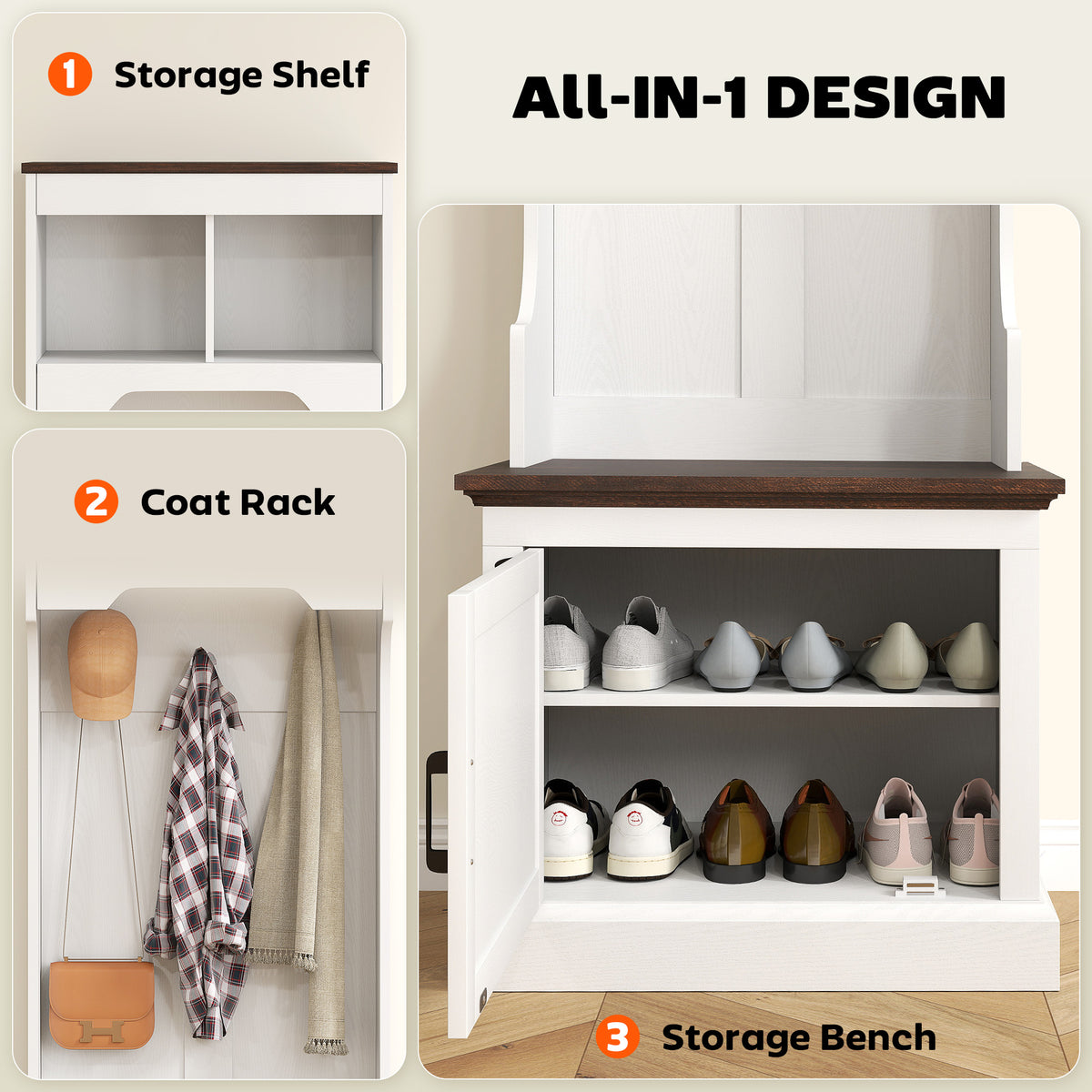 3-in-1 Hall Tree with Shoe Storage, Coat Rack with Bench, Entryway Furniture with Five Hooks, White Wood Grain