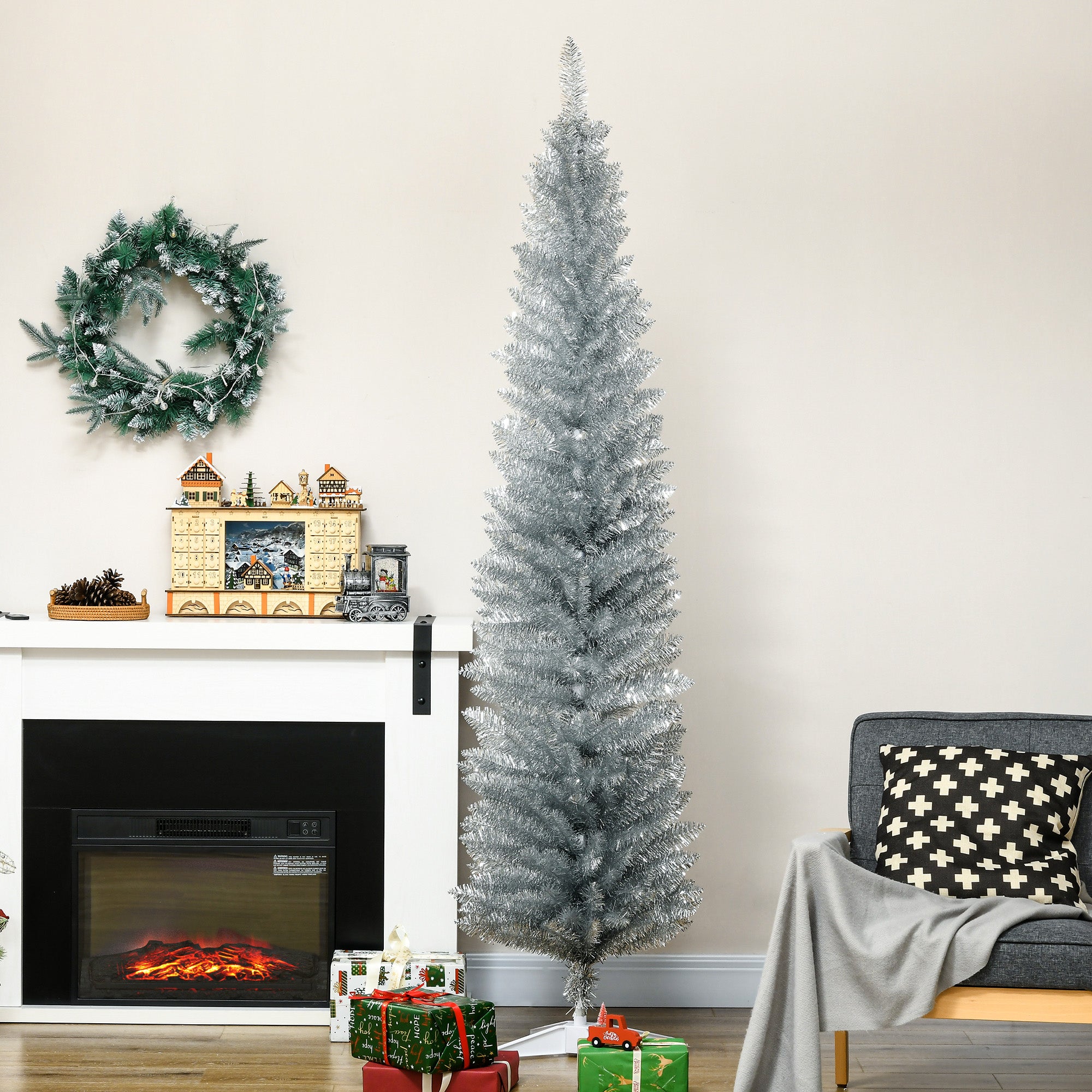 7ft Unlit Pencil Artificial Christmas Tree with Realistic Branches and 499 Tips, Plastic Base, Silver