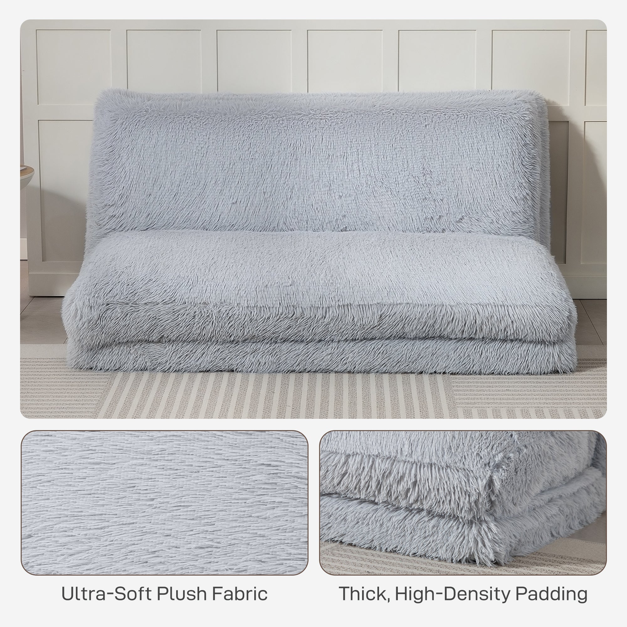 Bean Bag Floor Sofa Bed, Contemporary Plush Wide Folding Floor Mattress, Foam Filling Wall Couch Sleeper, Light Gray