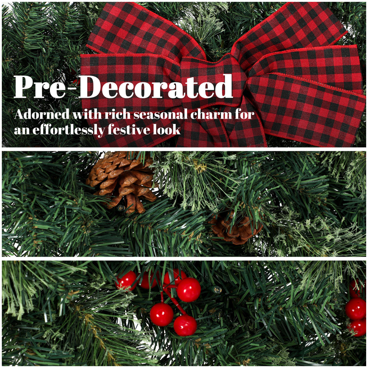36" Prelit Crestwood Spruce Artificial Christmas Wreath, Christmas Decor with Bow, 8 Modes, Red Berries, Pinecones
