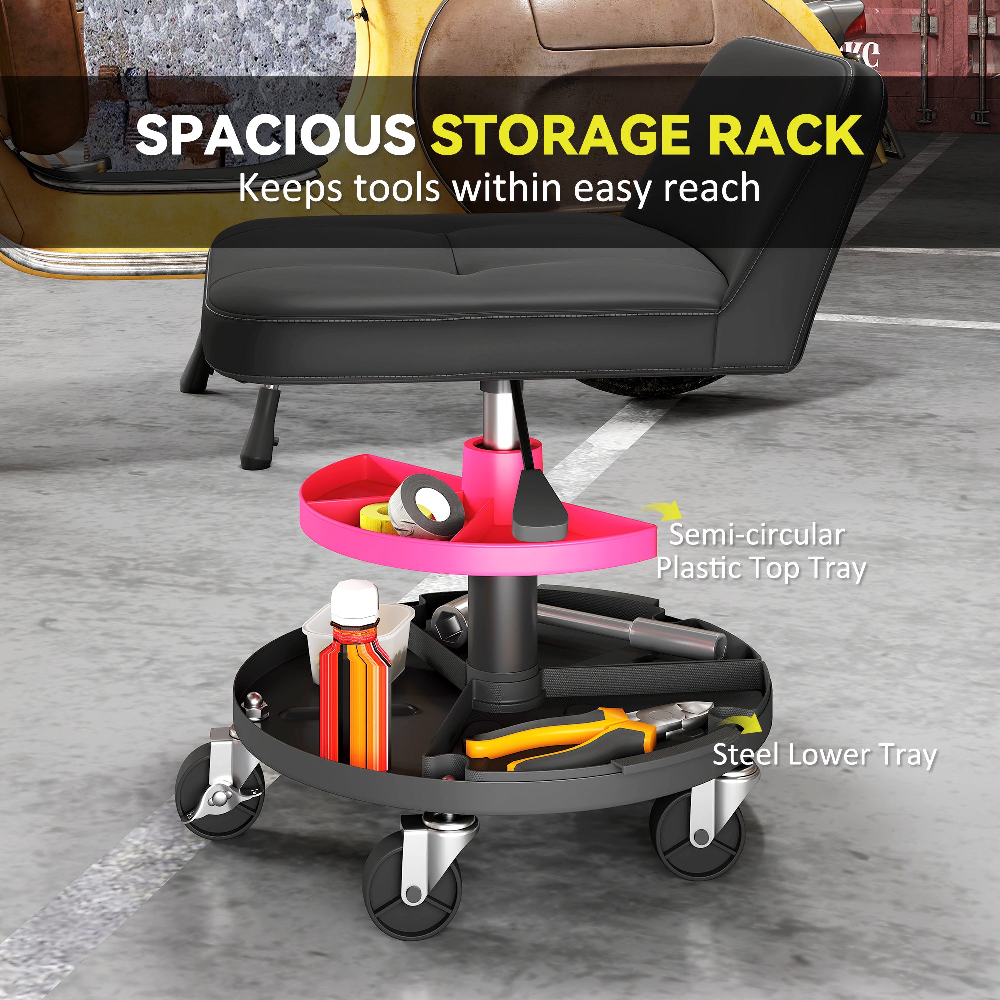 Rolling Creeper Garage Stool, 300 LBS Capacity Mechanic Stool with 360° Wheels, Tool Tray, Adjustable Height, Black
