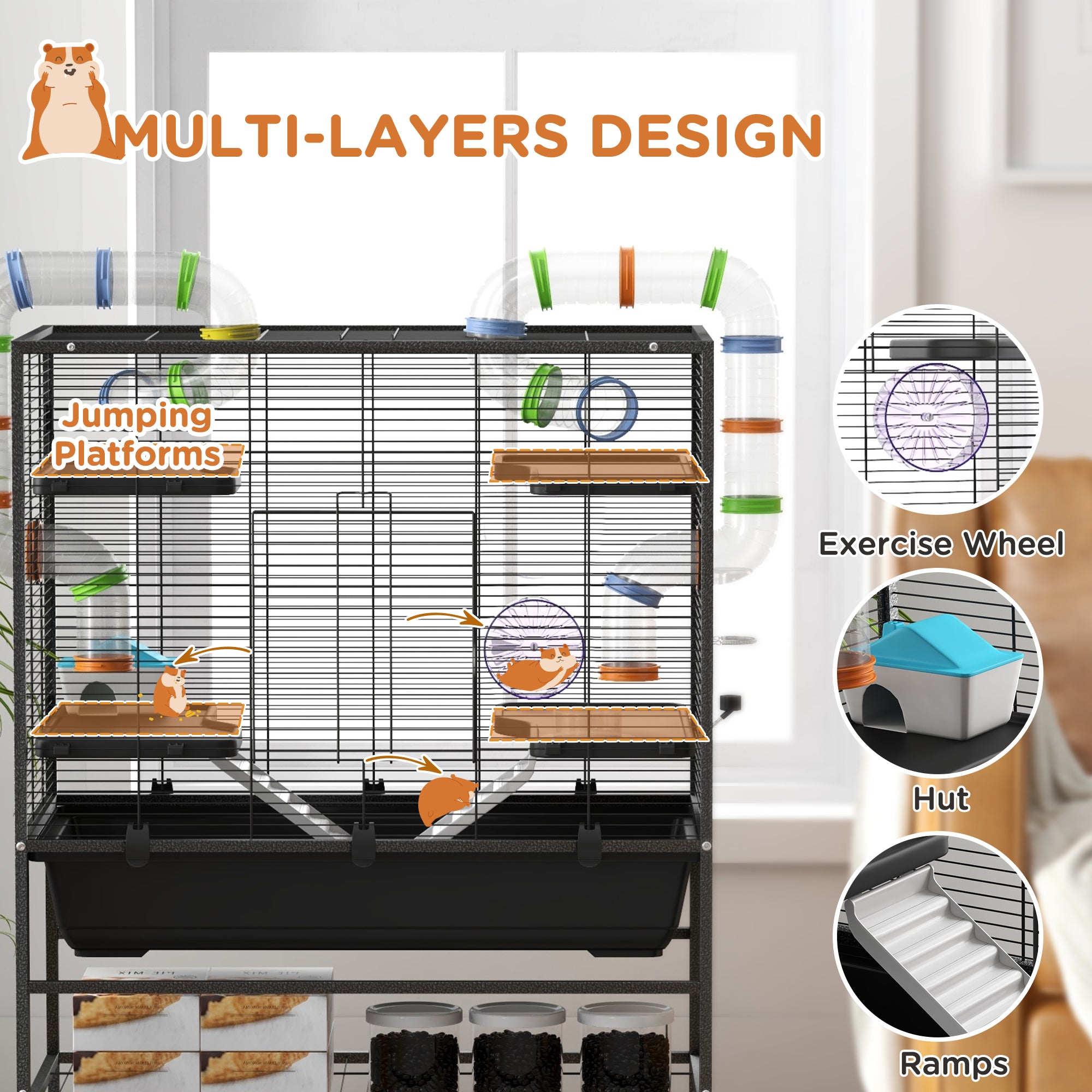 Small Animal Cage for Syrian Hamster, Gerbil Cage with Tubing System, Running Wheel, Ramps, Platforms - Black - Image 5