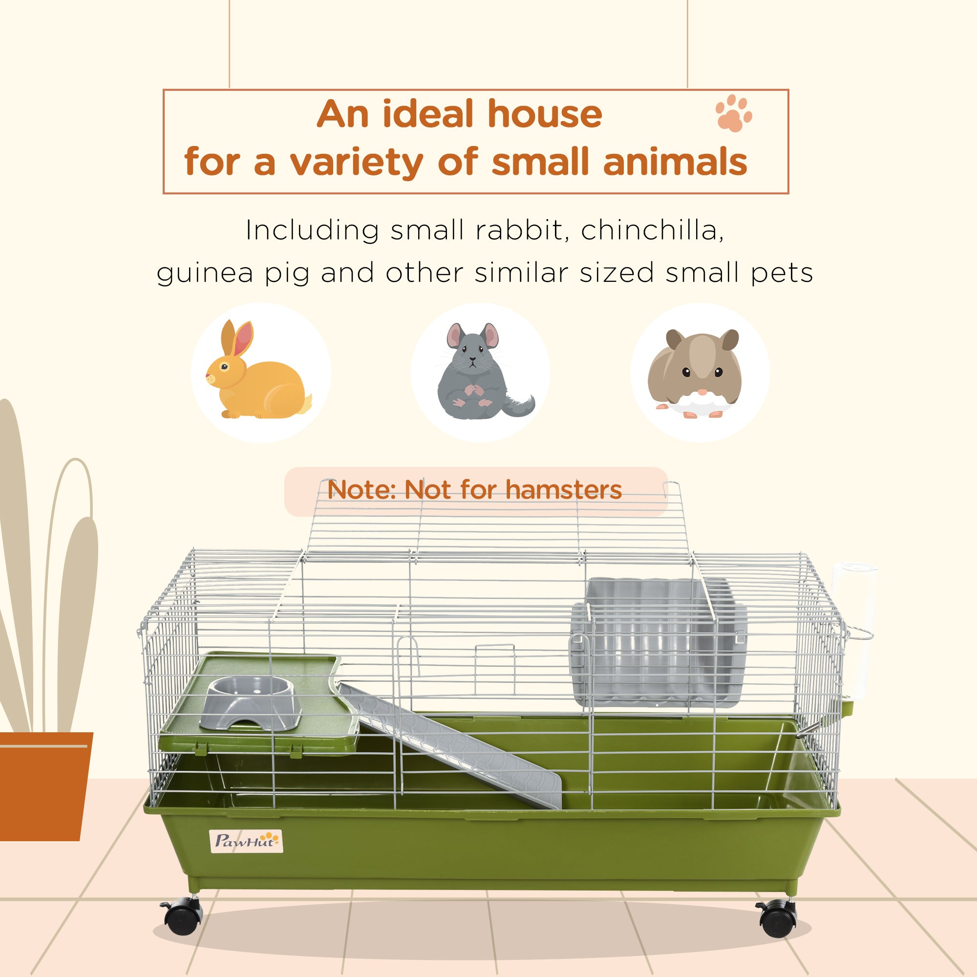 35"L Small Animal Cage, Rolling Bunny Cage, Guinea Pig Cage with Food Dish, Water Bottle, Hay Feeder, Platform, Ramp for Chinchilla, Green - Green - Image 4