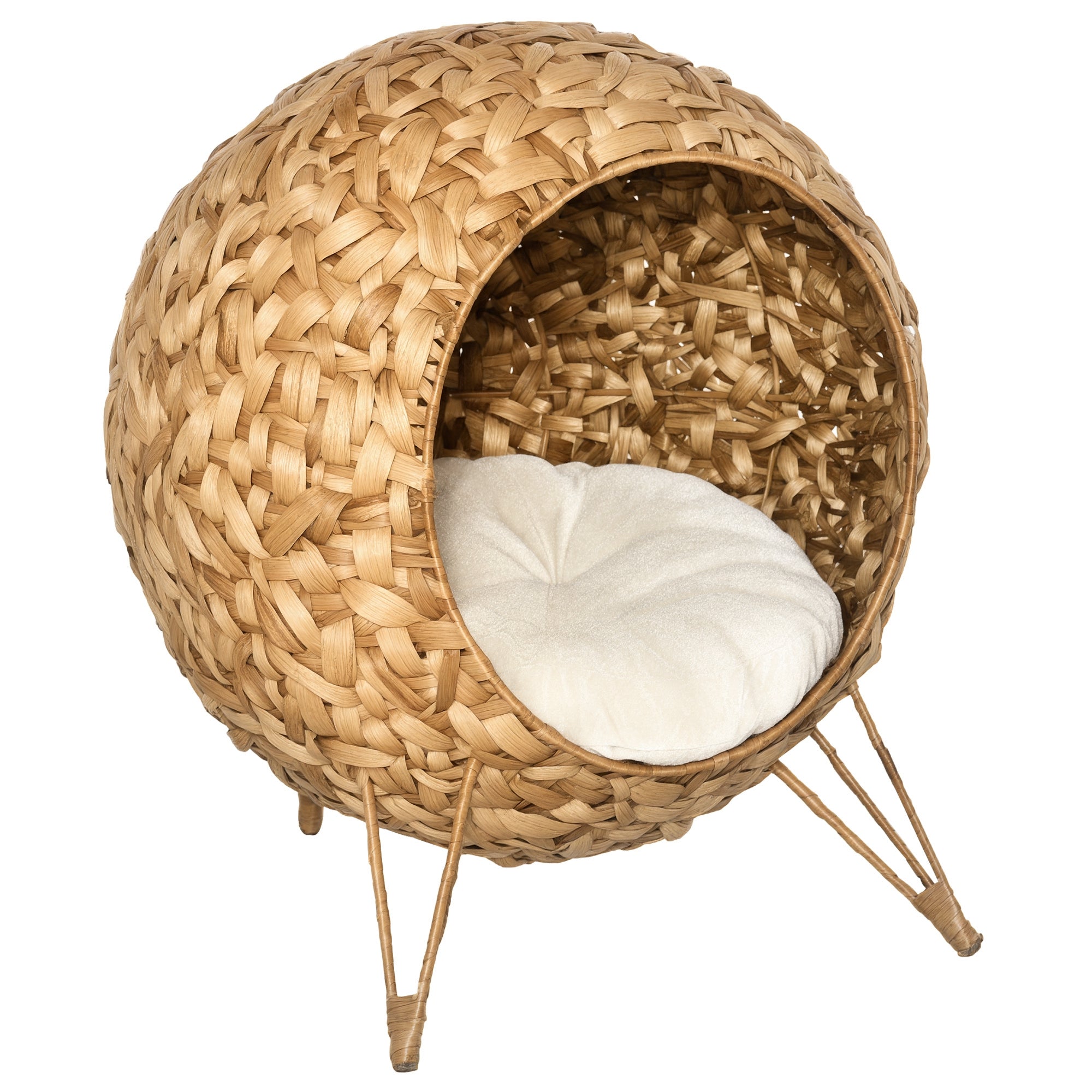20.5" Weaved Cat Bed, Elevated Hand-woven Braided Banana Leaf Kitten House Condo with Cushion, Natural - Natural Wood