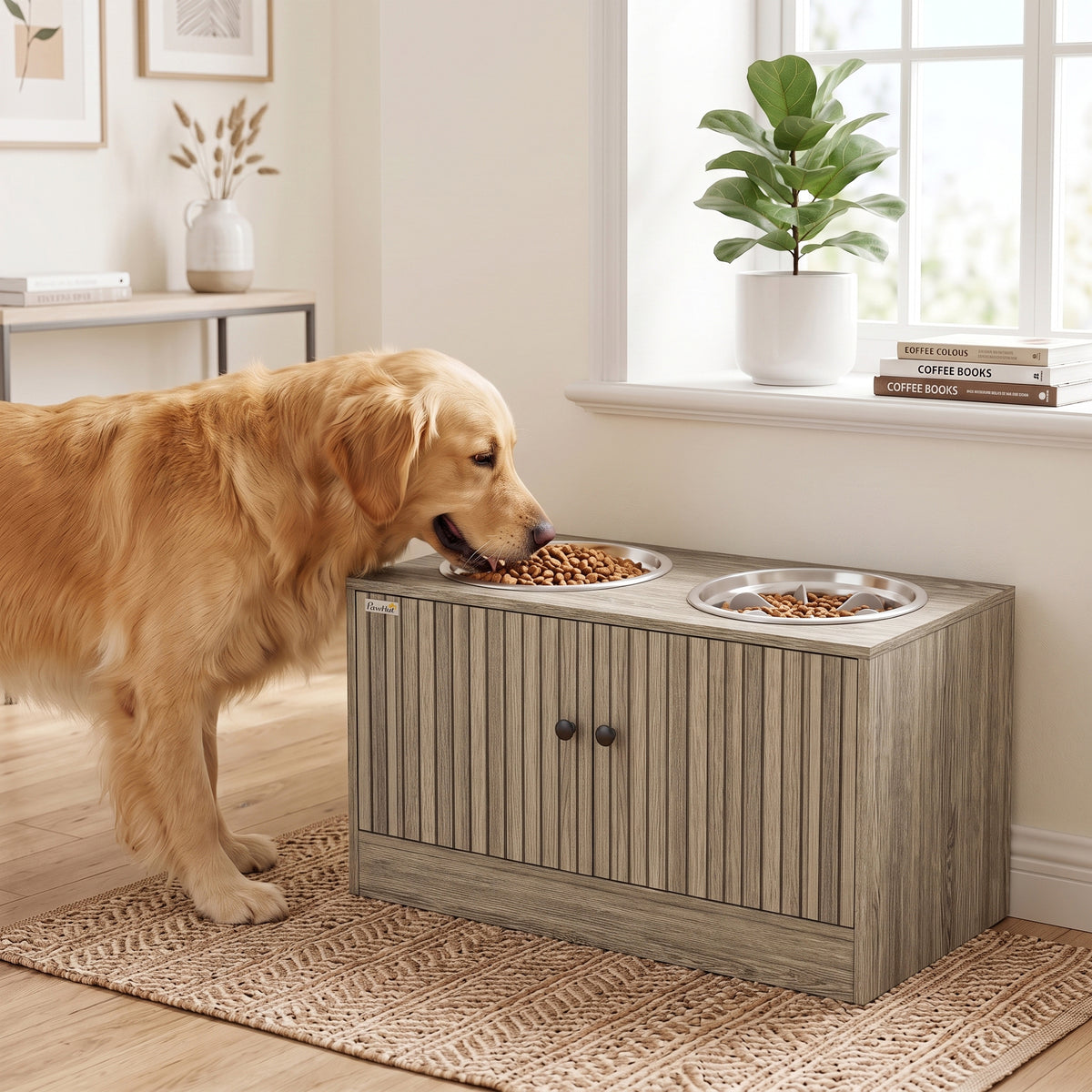 Elevated Dog Bowls with Storage Cabinet, 2 Stainless Steel Bowls, Slow Feeder, Dog Feeding Station for Large Dogs, Brown Wood Grain
