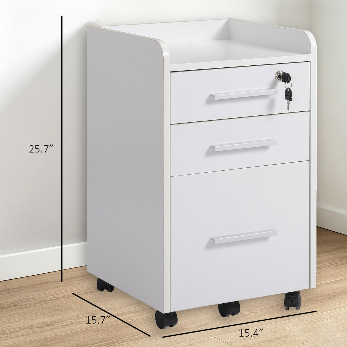 Lockable Filing Cabinet on Wheels, 3 Drawer Mobile File Cabinet with Lock and Edged Top, White