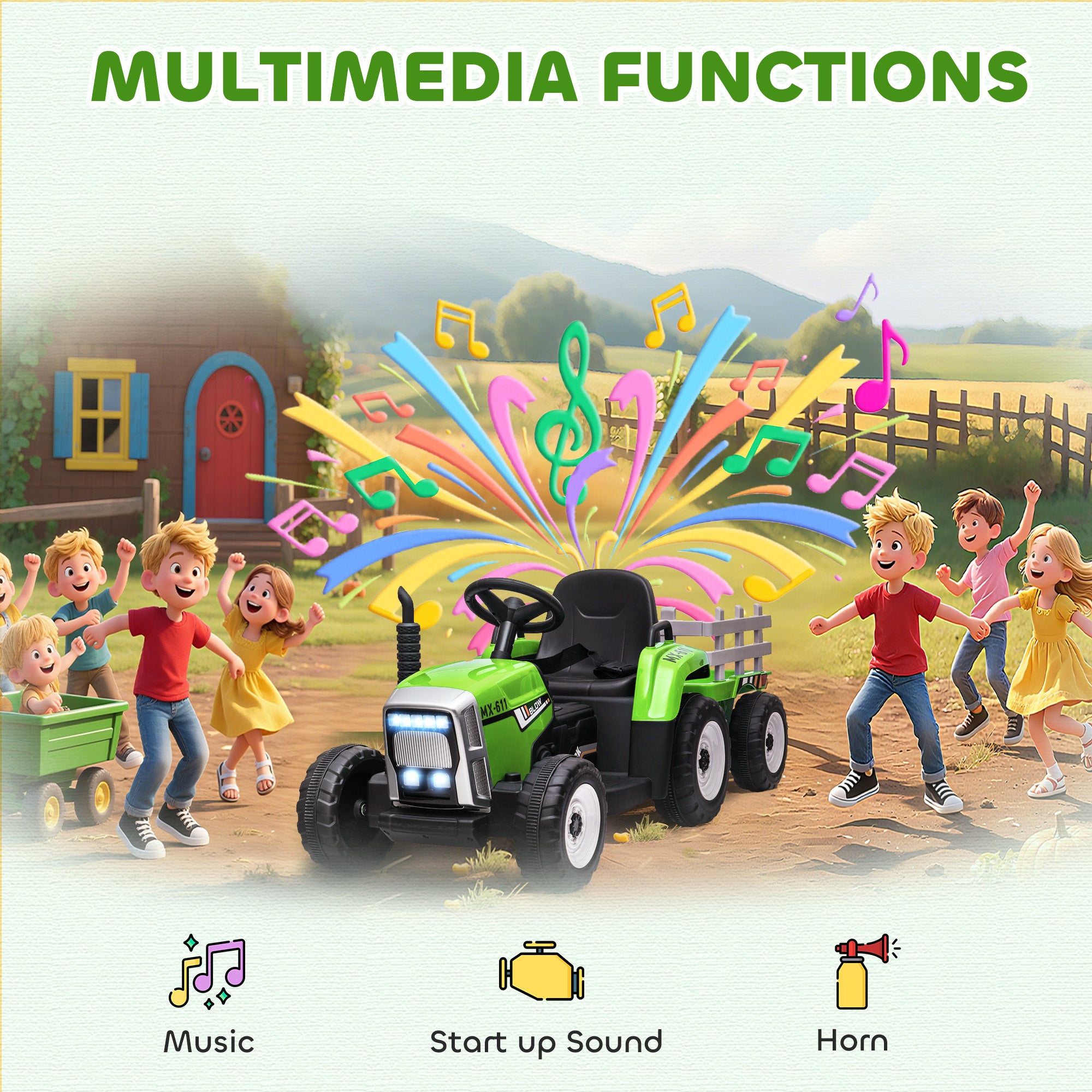 12V Ride on Tractor with Trailer, 25W Dual Motors, Battery Powered Electric Tractor with Remote Control, Music Startup Sound and Horn, LED Lights, Green