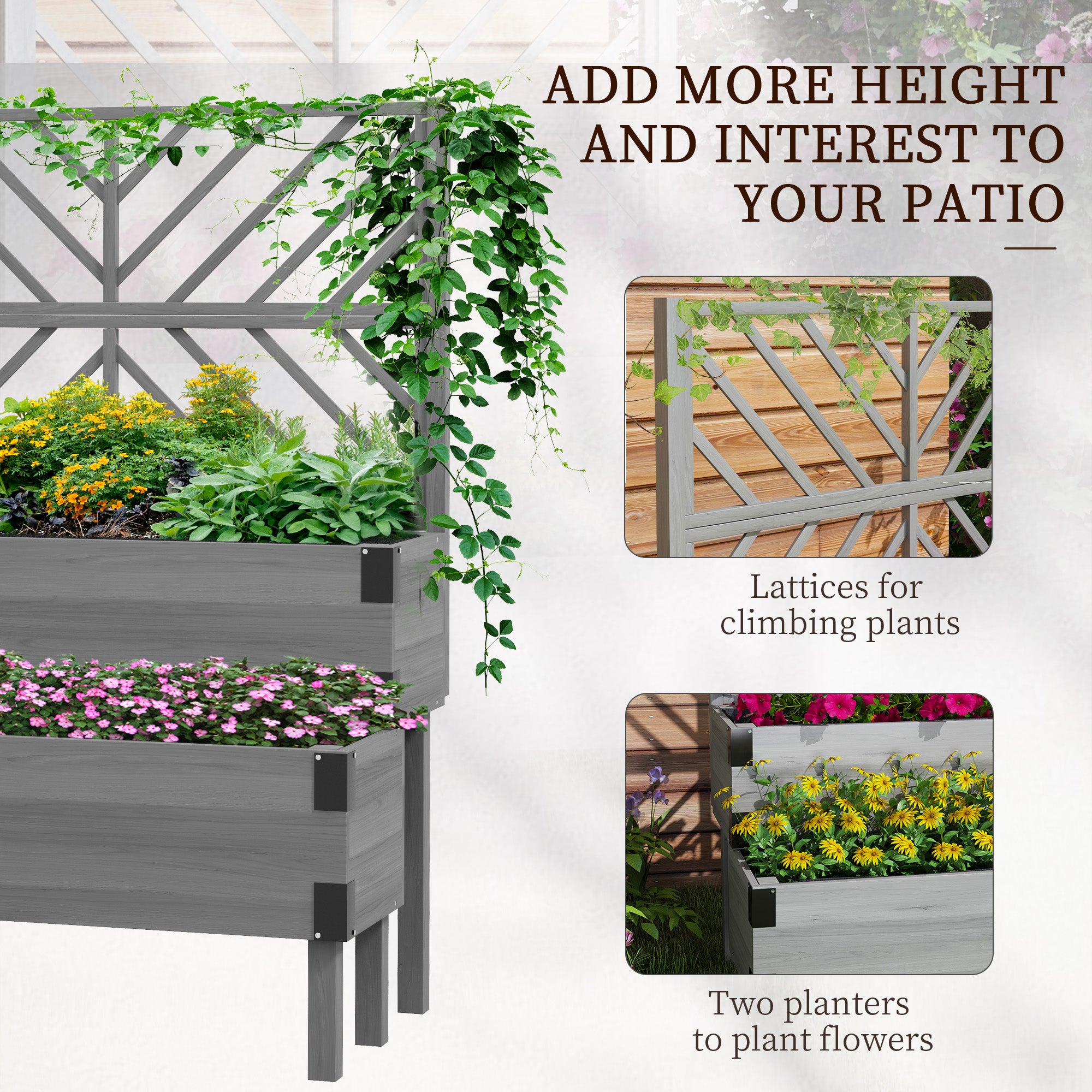 2 Tier Trellis Planter, Wooden Raised Garden Bed, Gray - Gray - Image 4