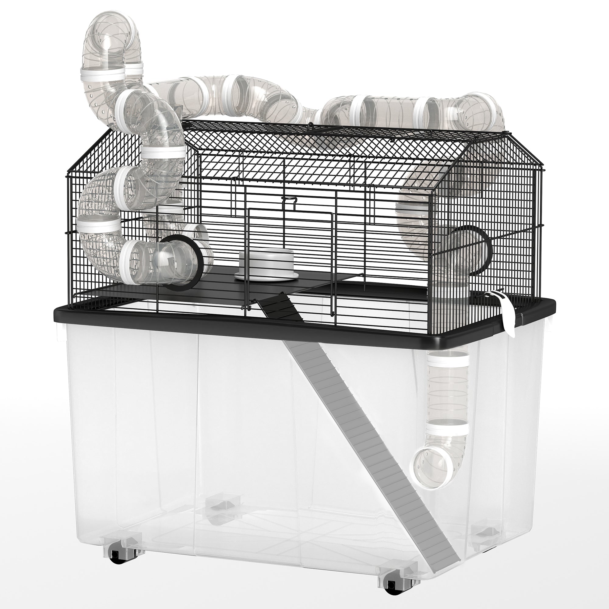 2 Tier Hamster Cage with 12" Deep Tray, Tube System, Water Bottle, Ramp, Feeding Bowl, 23" x 17" x 22", Black - Black