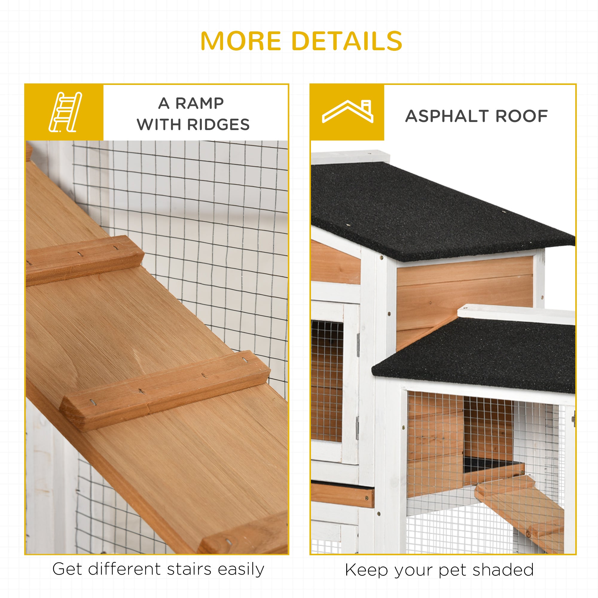 62" Wooden Mobile Rabbit Hutch with Wheels, Run Box, Slide-out Tray, Ramp, Yellow - Natural Wood - Image 8