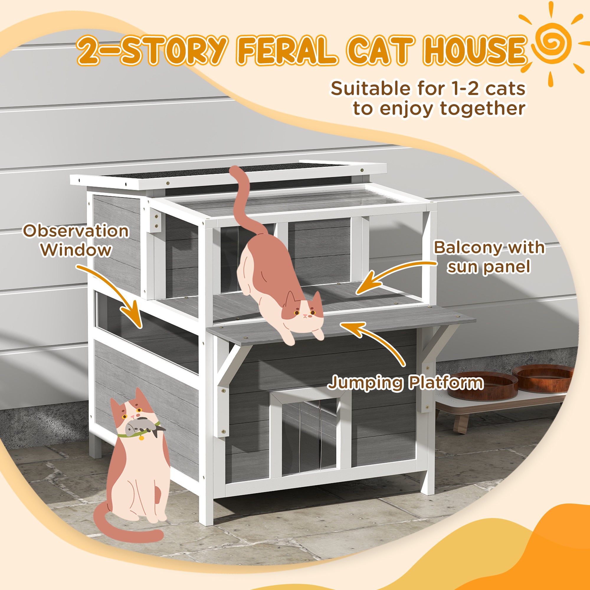 2-Story Wooden Cat House Outdoor with Balcony, Openable Top, Escape Door, Removable Panel & Floor, for Backyard, Outside - Light Gray - Image 5