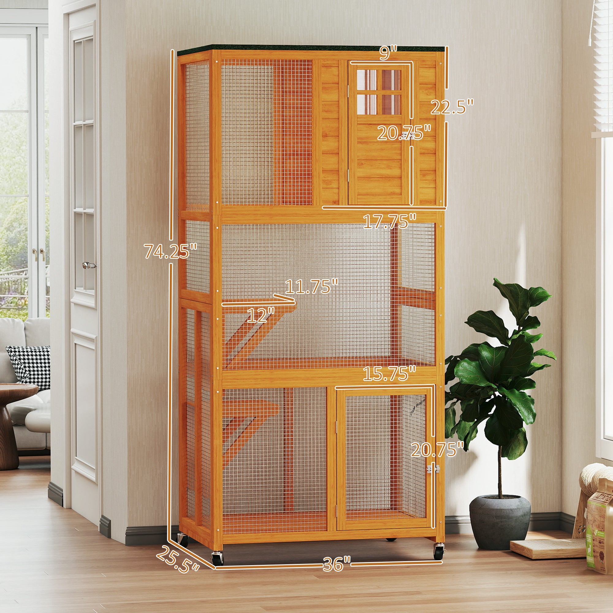 74" Wooden Outdoor Cat House Catio Outdoor Cat Enclosure, Orange - Orange - Image 3