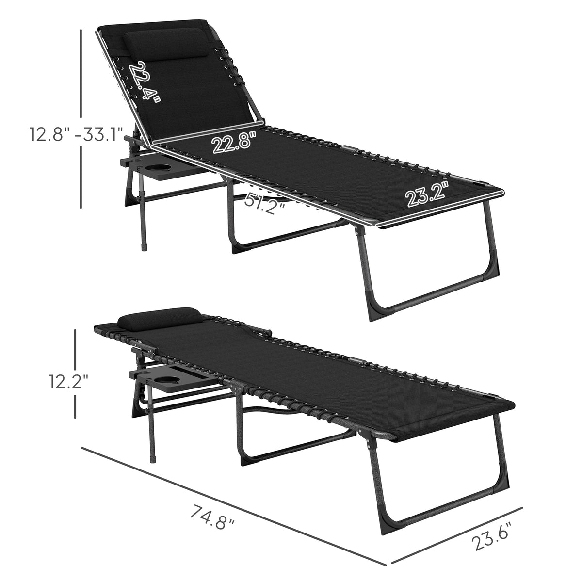 Folding Outdoor Chaise Lounge Chair Tanning Chair with 5-Level Adjustable Back, Side Table, Pillow, Pocket, Black