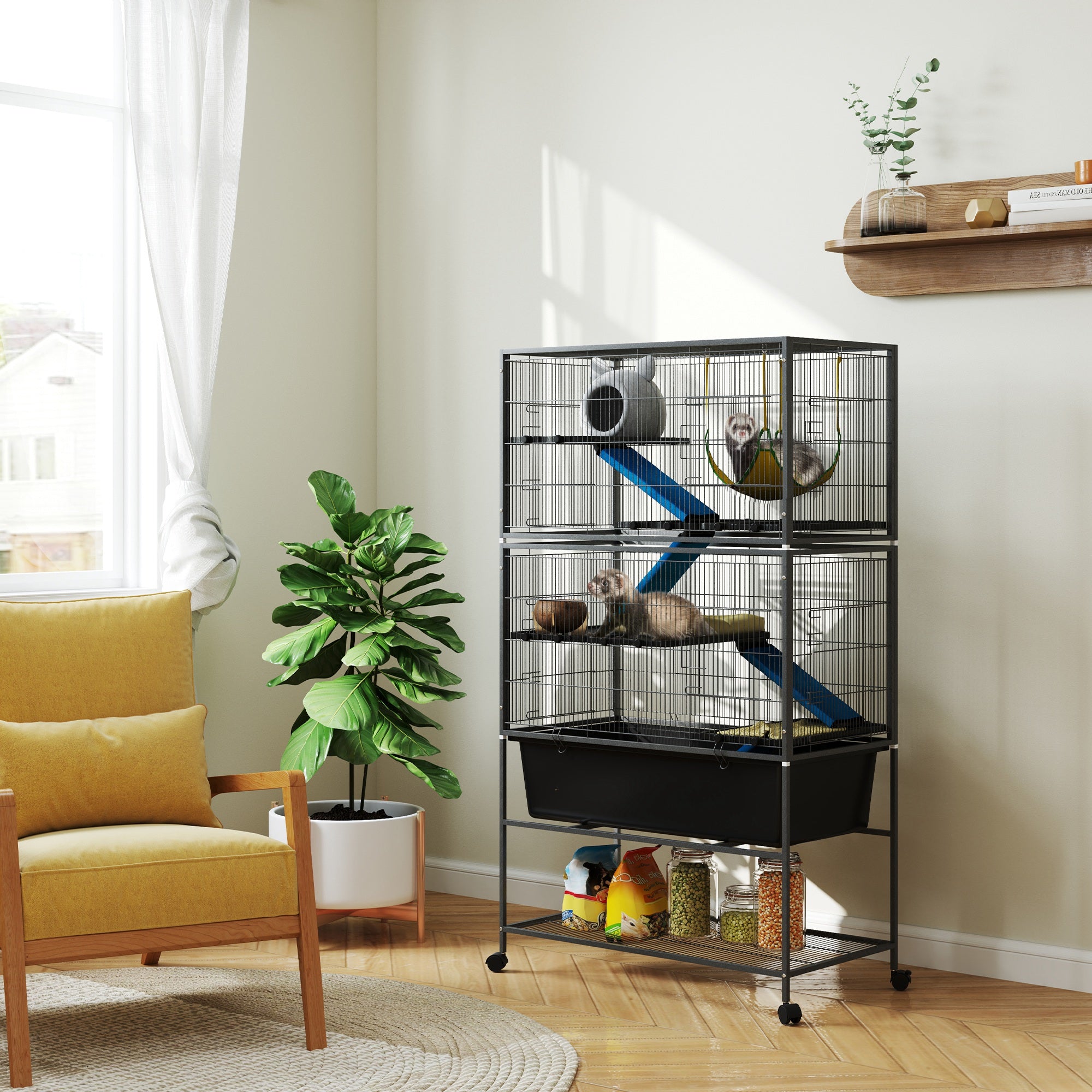 59" 5-Level Small Animal Cage, Rolling Ferret Cage with 6.3" Deep Tray, Non-Slip Cloth Covered Ramps, Hammock, Dark Gray - Dark Gray - Image 2