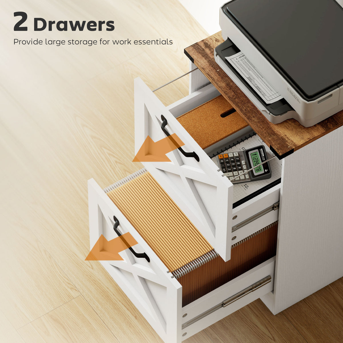 Vertical Storage Drawers Farmhouse X Pattern Printer Stand Fits Letter Files 2 Drawers White