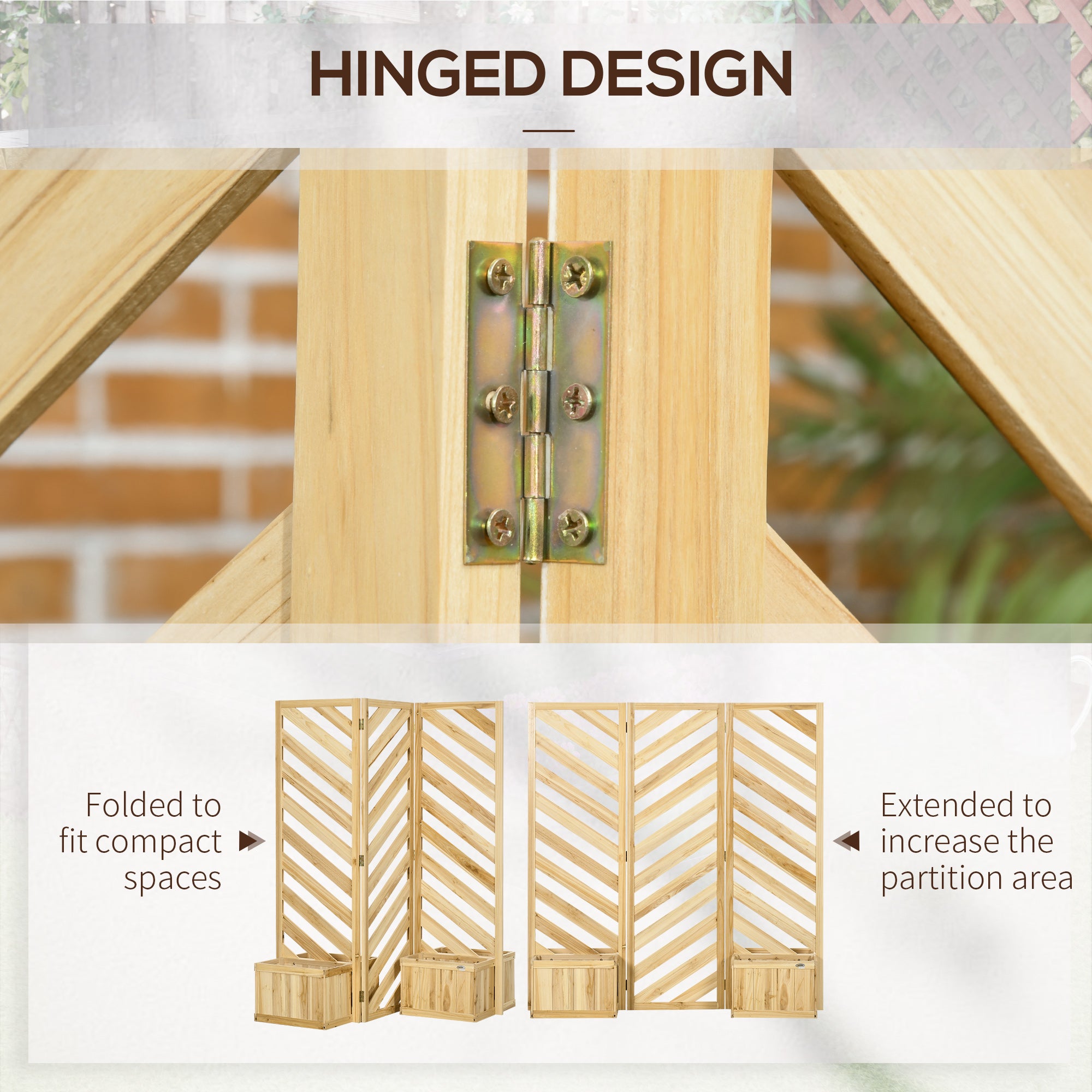 Decorative Outdoor Privacy Screen, Freestanding Divider/Separator with 4 Self-Draining Planters, 3 Trellis Plant Support Panels for Garden Walkway, Backyard, Natural Wood - Natural wood finish - Image 5