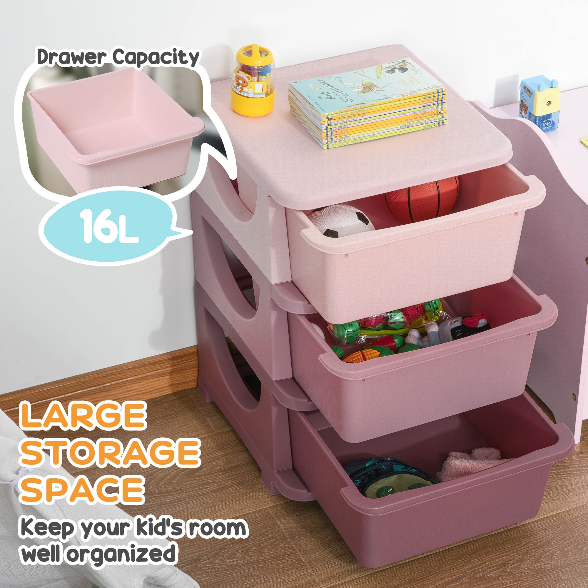 3 Tier Kids Storage Unit, 3 Drawer Chest Toy Organizer Plastic Bins for Kids Bedroom Nursery Kindergarten Living Room for Boys Girls Toddlers, Pink