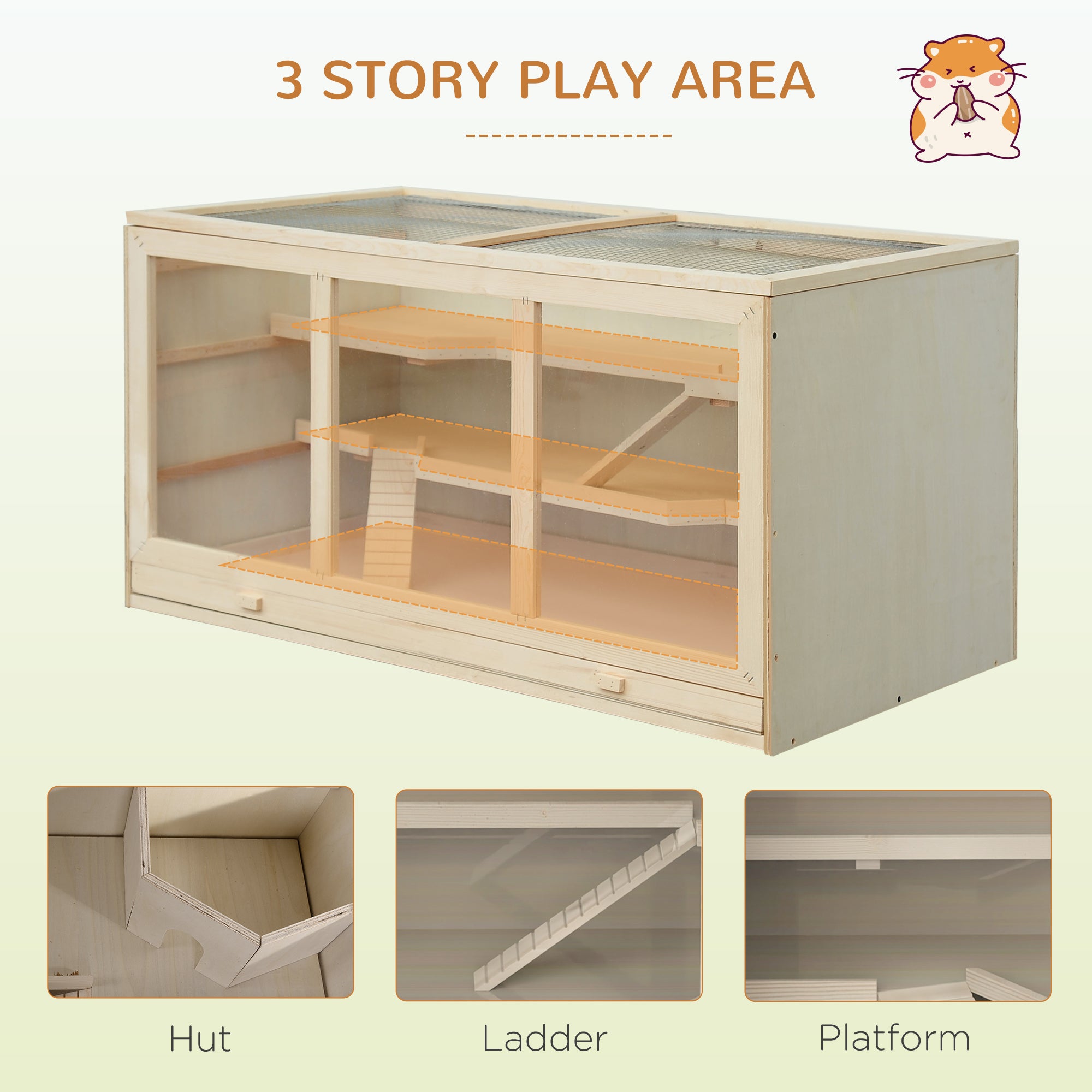 45" Extra Large Wooden Hamster Cage, 3-Layer Rat Cage with Opening Roof, PVC Window, Small Animal Habitat for Gerbil, Dwarf & Syrian Hamsters, Natural - natural - Image 4