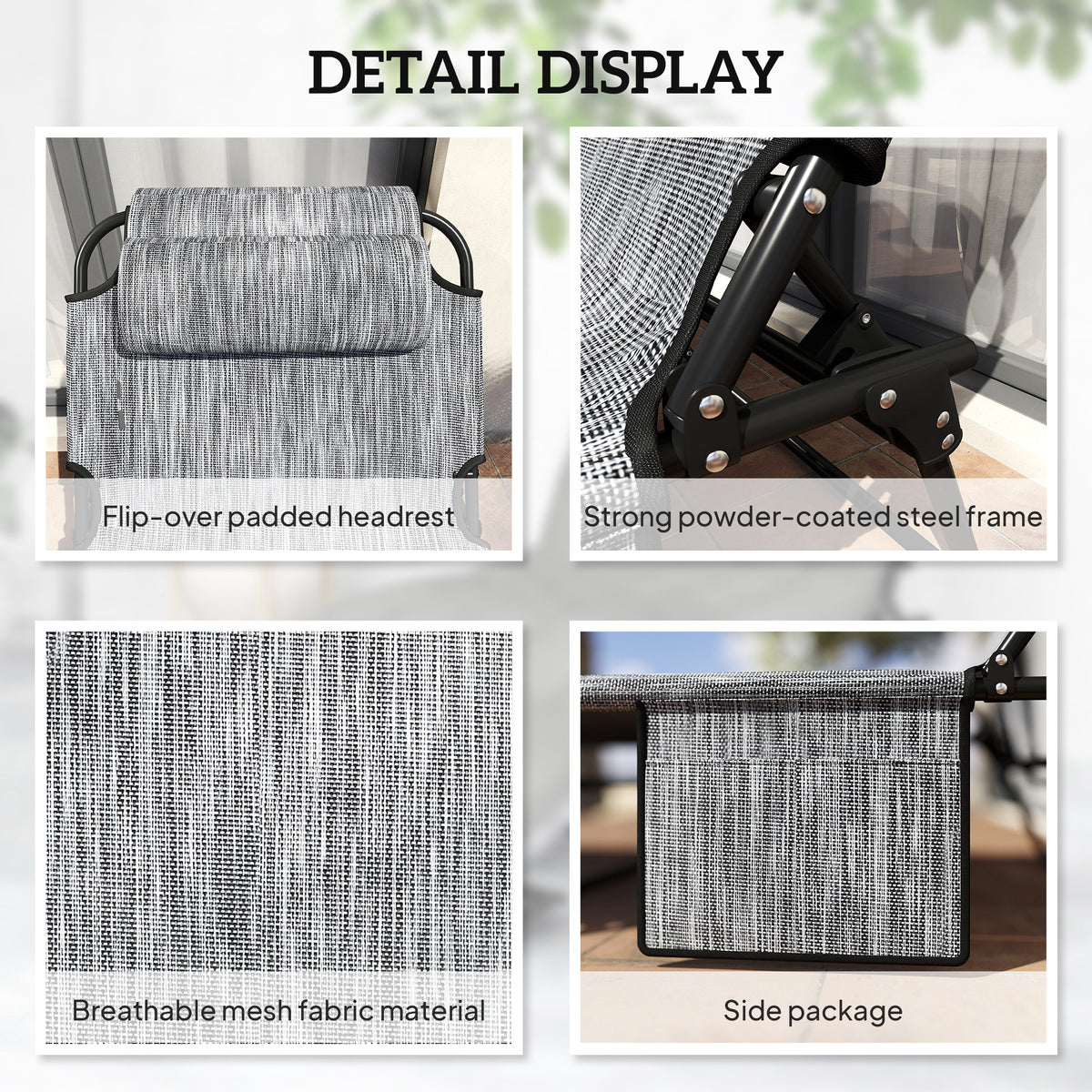 Folding Chaise Lounge Pool Chair with 4-level Reclining Back, Cushion, Side Pocket, Headrest, Gray