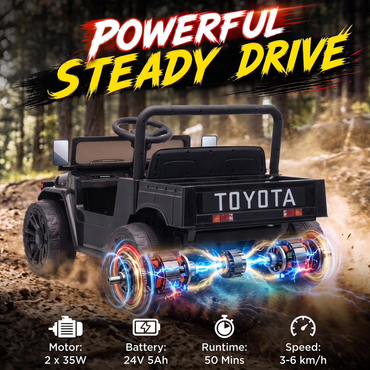Licensed Toyota FJ45 Pick Up Ride on Truck, 24V Kids Electric Car with Dual Motors Up to 3.7MPH for Kids 3-8 Years Black