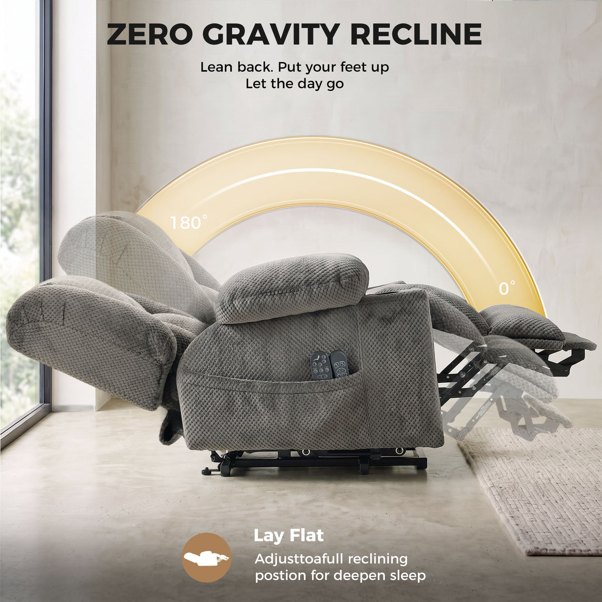 Dual Motor Power Lift Recliner Chair with Massage and Heat for Elderly, 180° Flat Recline, Wide Seat, Dark Gray