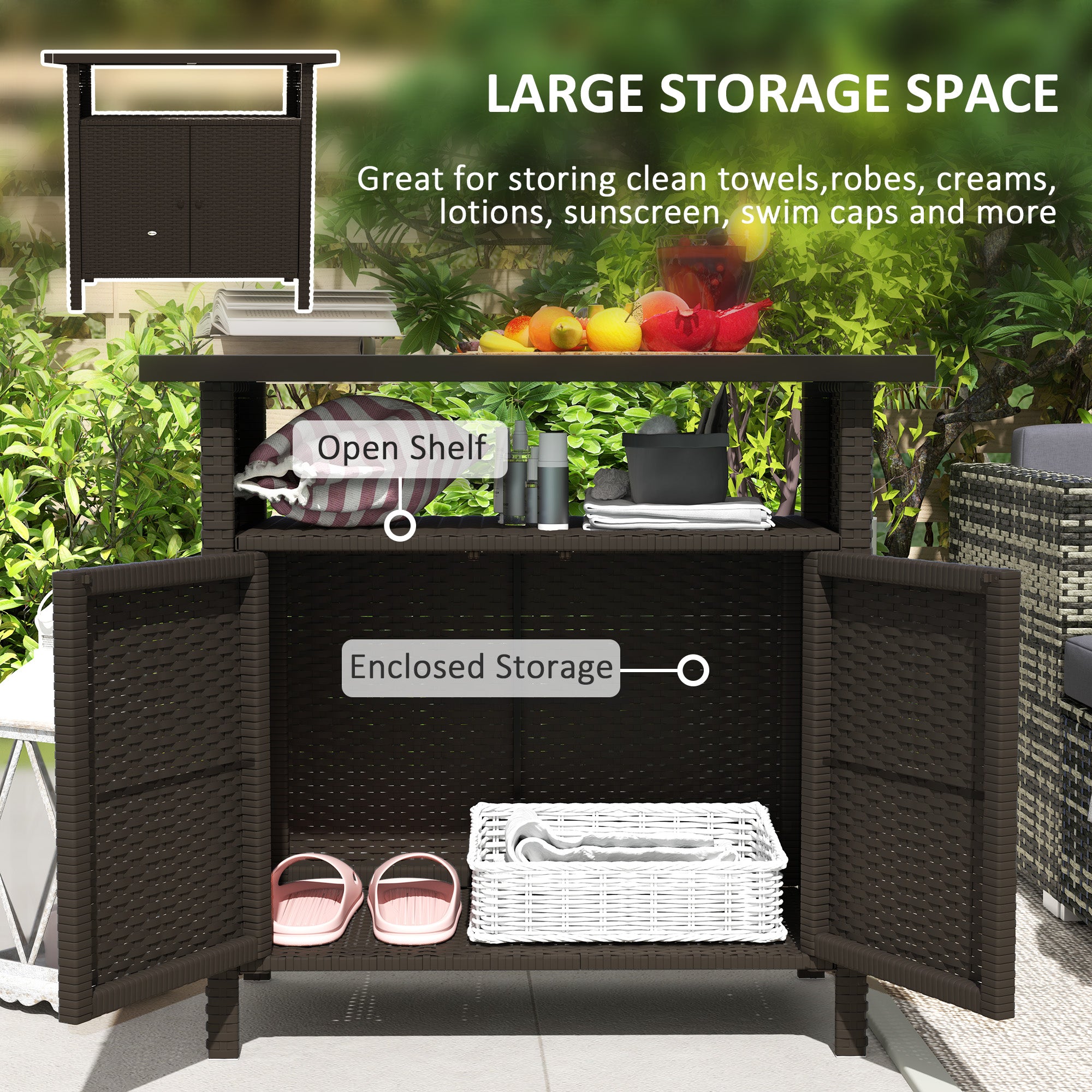 Wicker Outdoor Storage Cabinet with Two Doors and Shelf for Outdoor Pool Towel Storage, Dark Coffee - Dark Coffee - Image 4