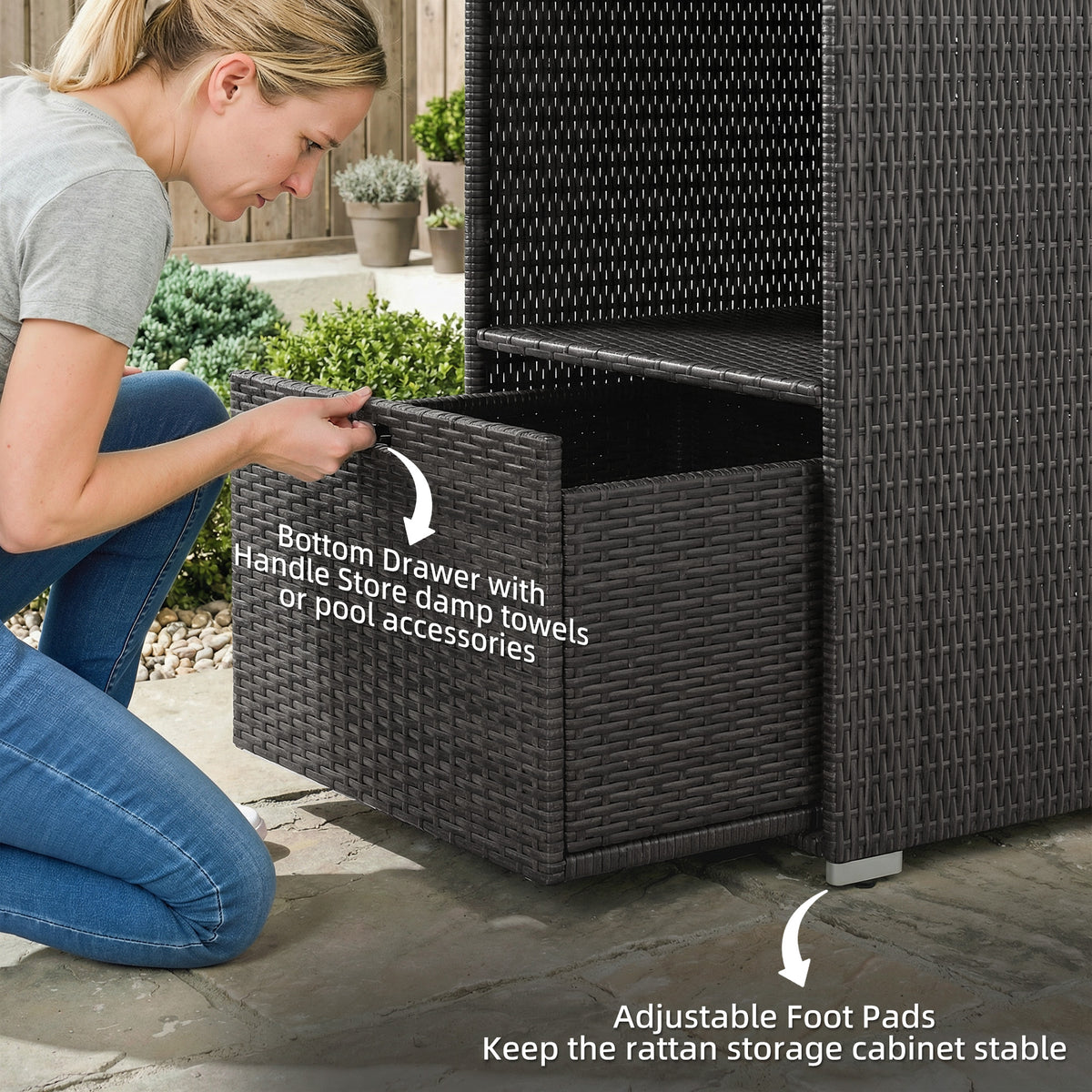 Valet Pool Towel Rack, Water-Resistant PE Plastic Rattan Wicker Storage Organizer, 2 Shelves, 1 Basket Drawer