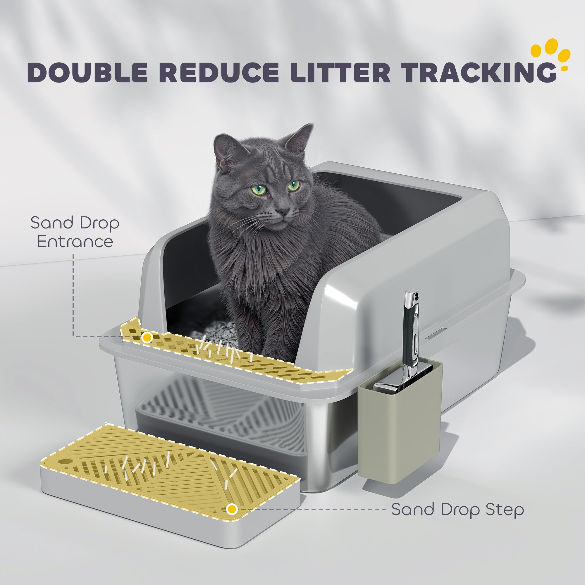 Stainless Steel Litter Box with Metal Scoop & Scoop Holder, High Sided, Anti-Urine Leakage, Non-Sticky - Light Gray - Image 6