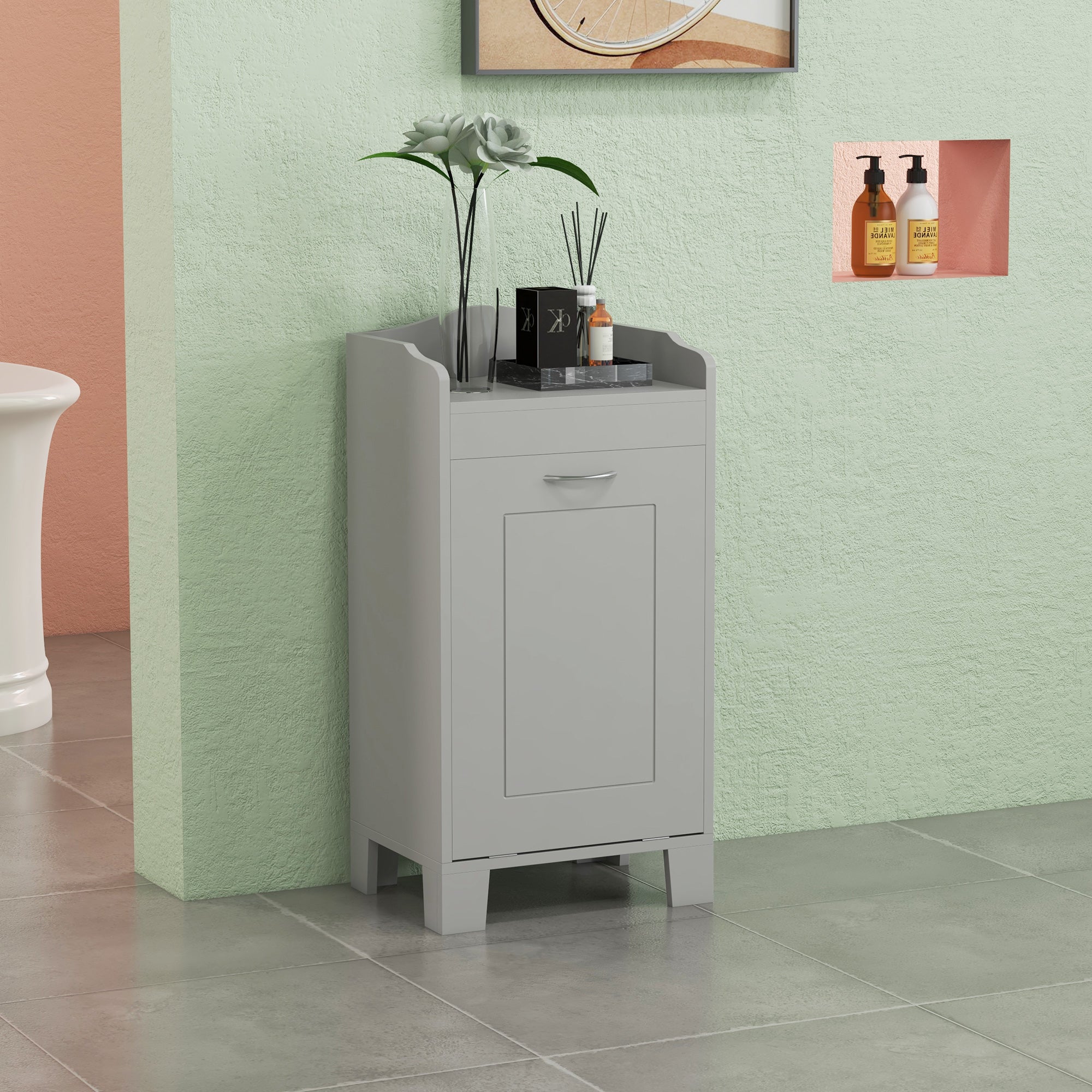 Tilt-out Laundry Storage Cabinet with Tabletop and Compartment Hamper, Gray