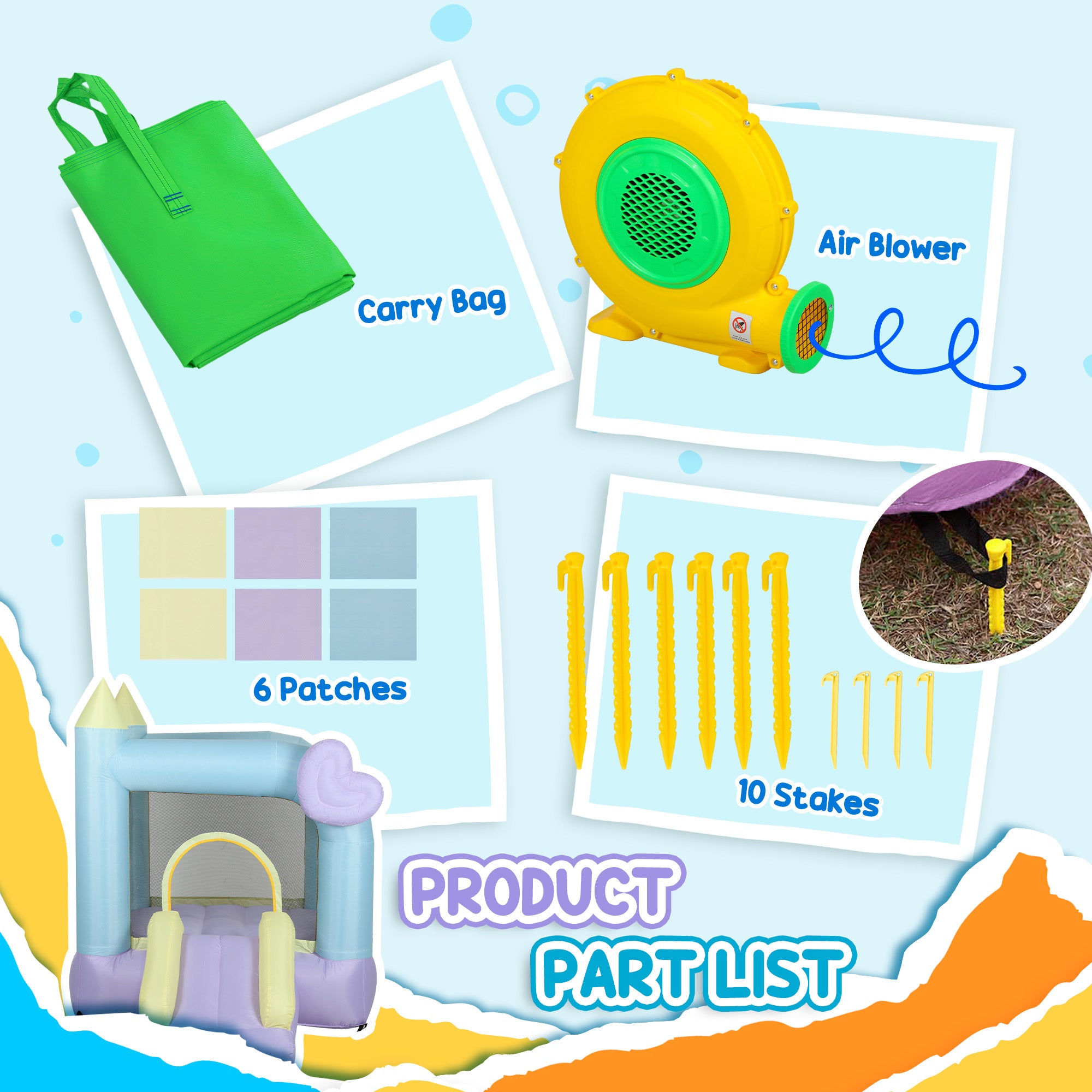 Inflatable Bounce House with Air Blower, Slide, Stakes, Repair Patches, Storage Bag, for Kids Ages 3-8, 98" x 65" x 79"