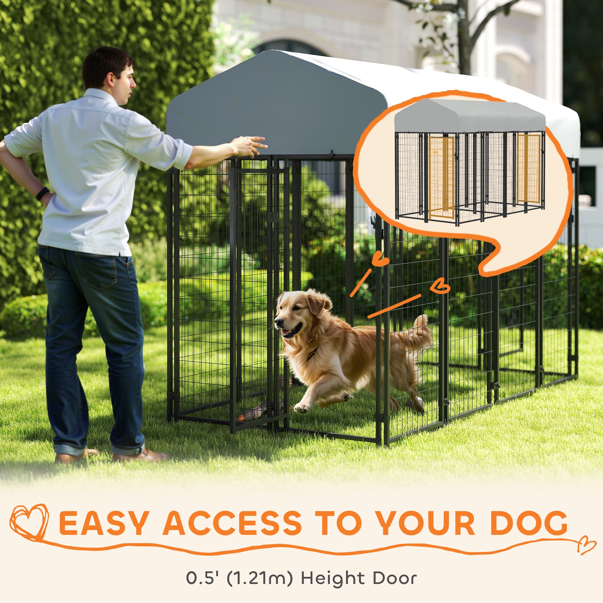 Outdoor Dog Kennel with Two-Room Design, Water-Resistant & Sun-Proof Cover, for S, M, L Dogs, 8' x 4' x 6' - Silver - Image 6