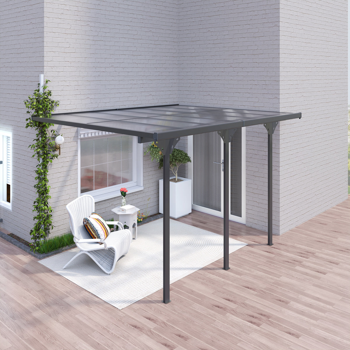 12' x 10' Outdoor Polycarbonate Pergola, Transparent UV Blocking Awning, Hardtop Deck Gazebo, Aluminum, Gray
