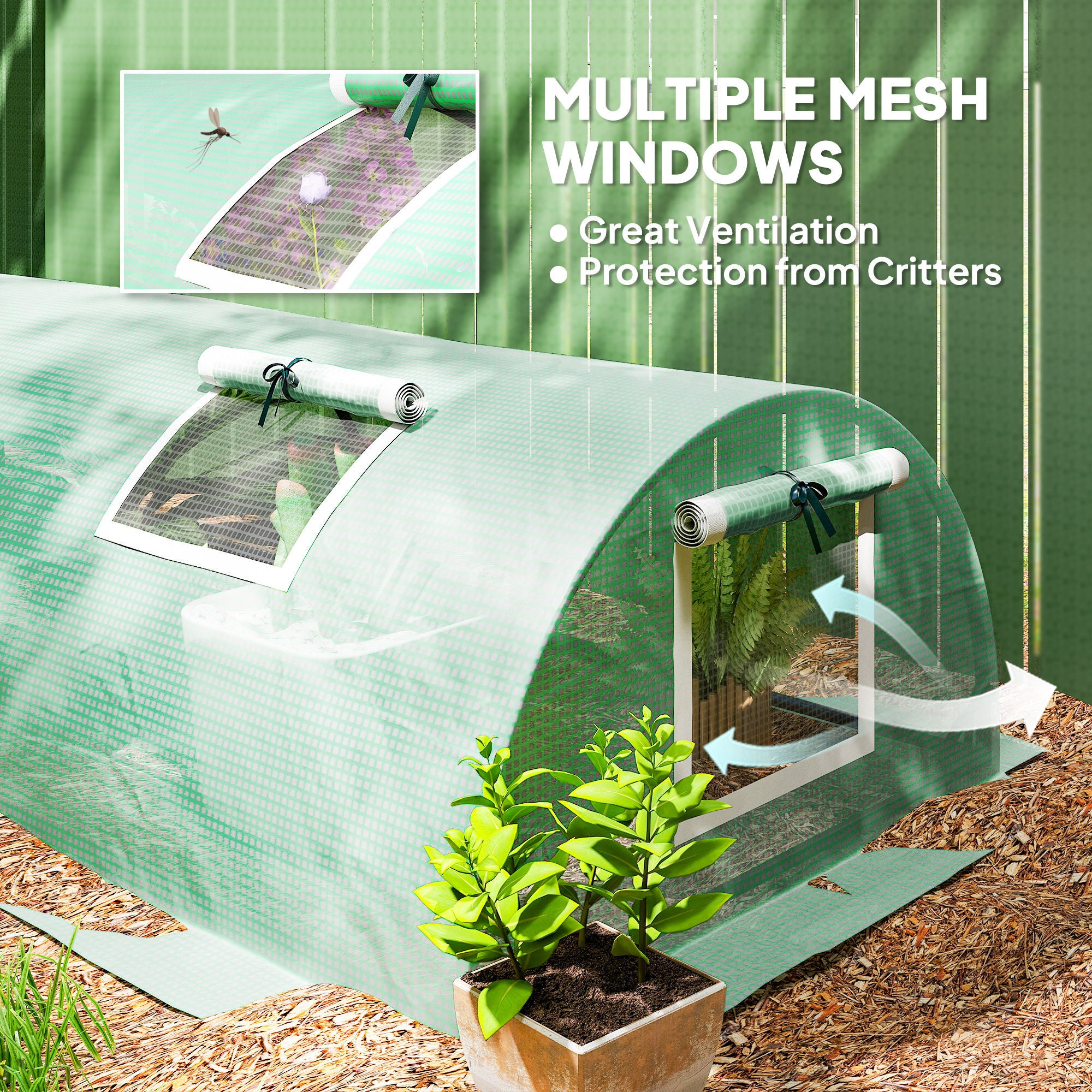 Mini Greenhouse with 5 Mesh Windows, Portable Plant Hot House with PE Cover and Steel Frame, 10' x 3' x 2' , Green - Green - Image 5