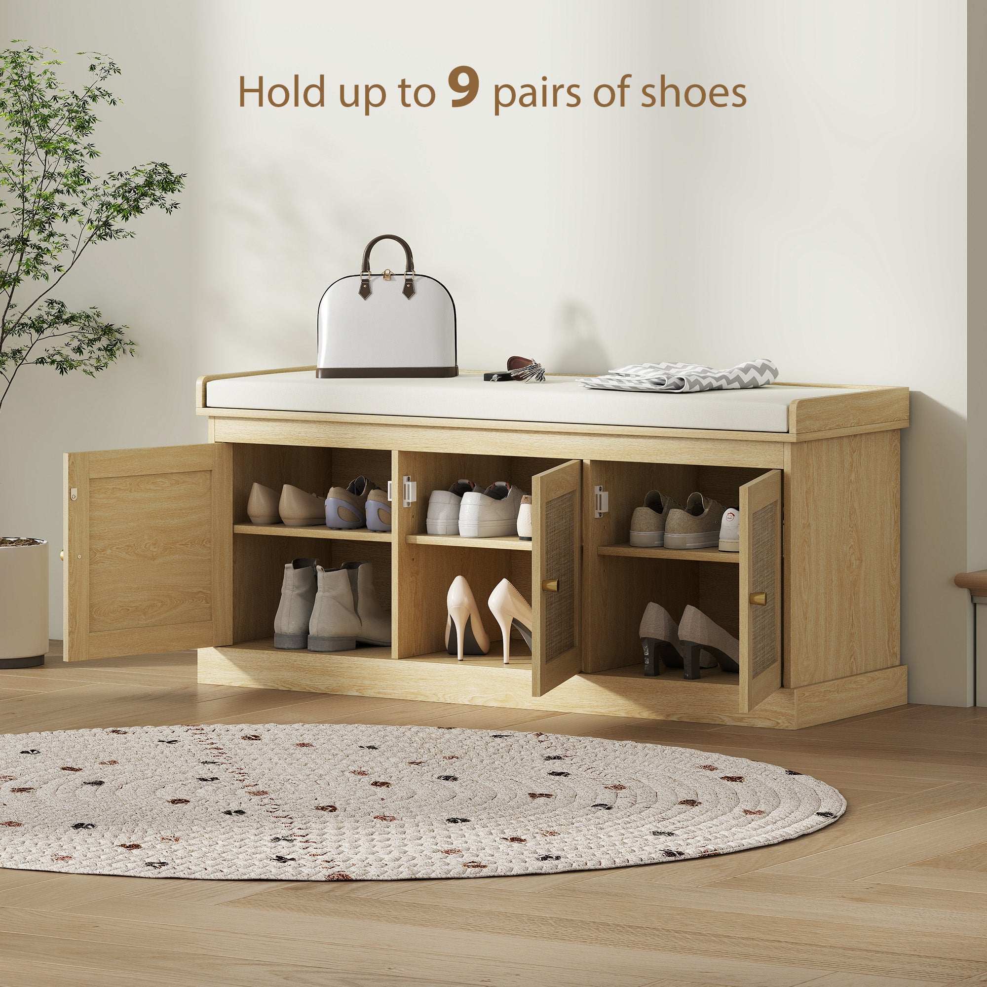 Shoe Storage Bench with Woven Rattan Doors, Shoe Bench with Cushion, Adjustable Shelves, Entryway Bench, Oak Tone