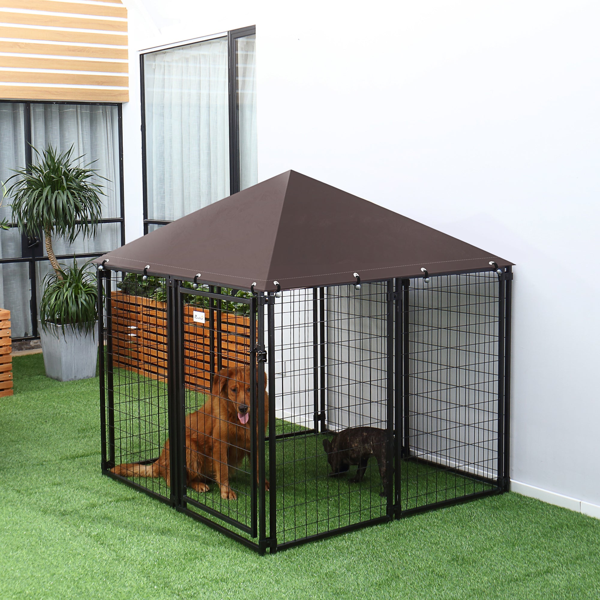 4.6' x 4.6' x 5' Outdoor Dog Kennel, Welded Wire Heavy Duty Dog Run, Dog Kennel Outside with Waterproof & UV Resistant Cover, for S&M Dogs, Black - Black - Image 2