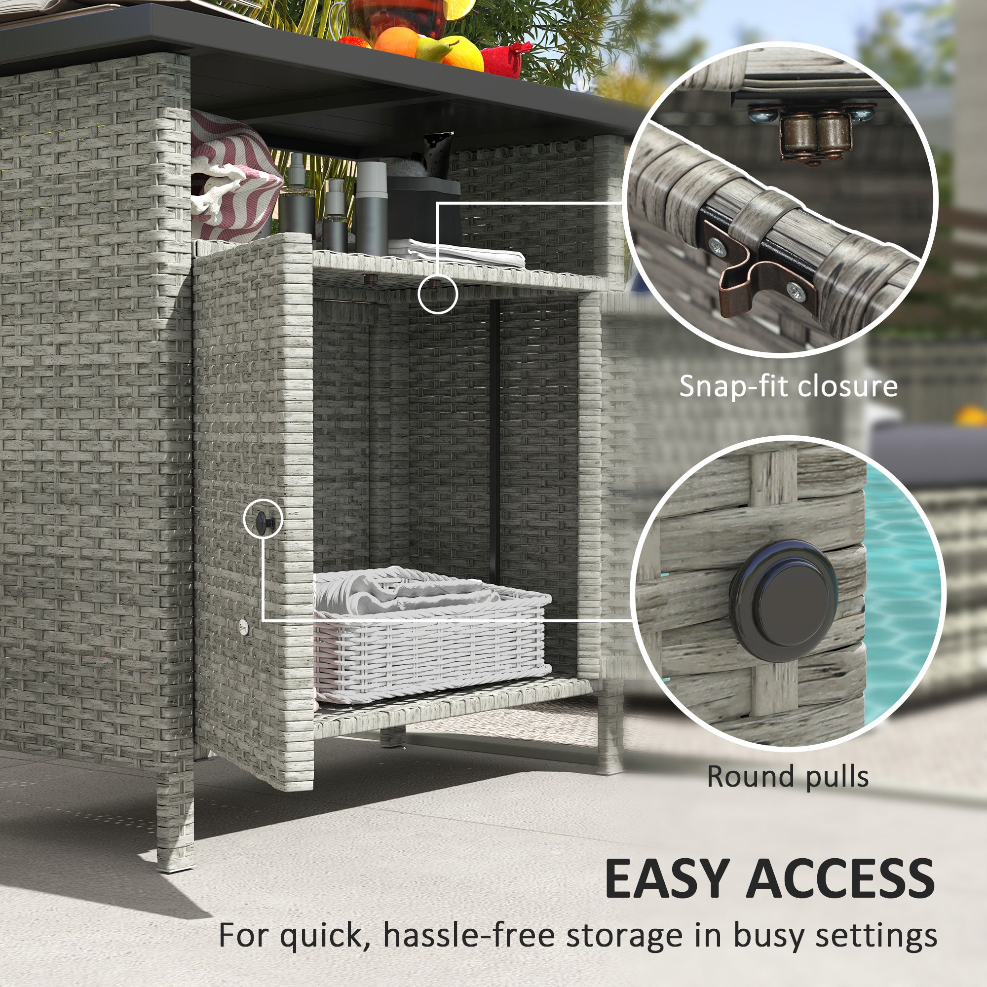 Wicker Outdoor Storage Cabinet with Two Doors and Shelf for Outdoor Pool Towel Storage, Gray - Gray - Image 6