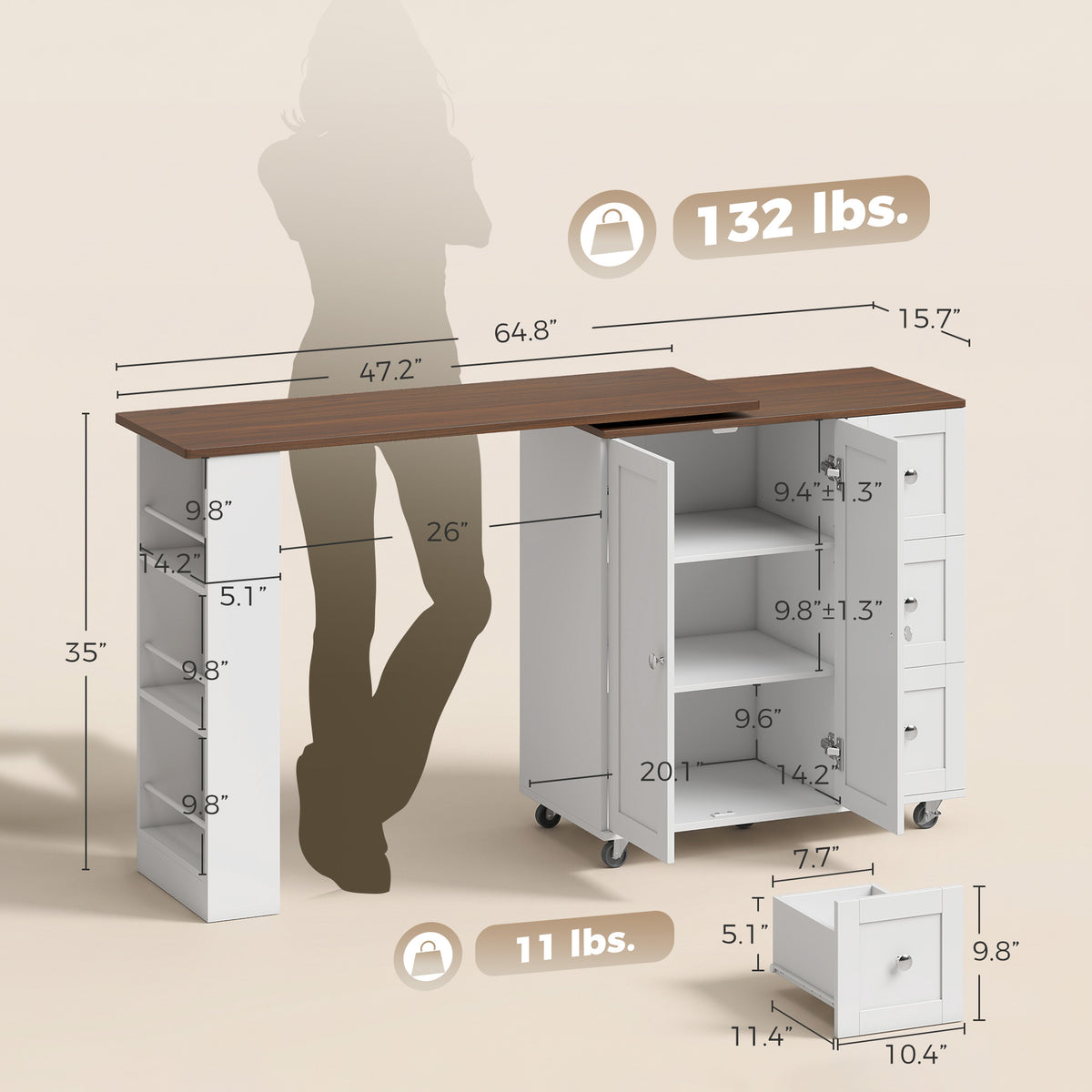 Bar Table with Storage Counter Height Table 3 Drawers Side Shelves, Walnut and White