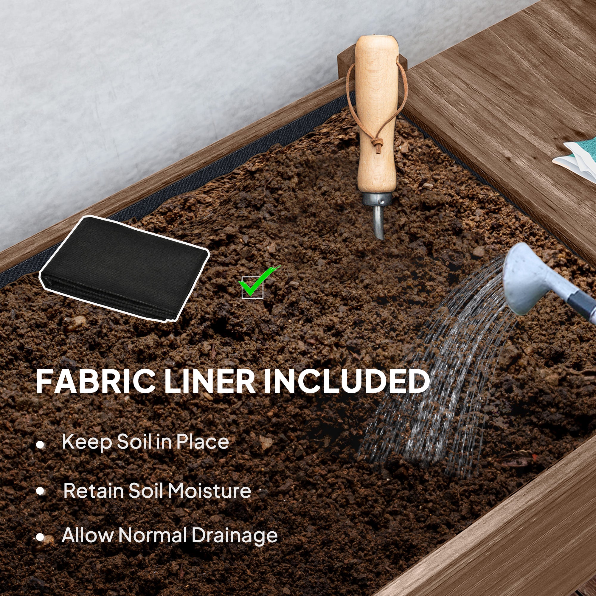 Wood Raised Planter Box, Elevated Garden Bed with Lockable Wheels, Side Tables, Bottom Shelf, Drain Holes, Carbonized - Carbonized - Image 6