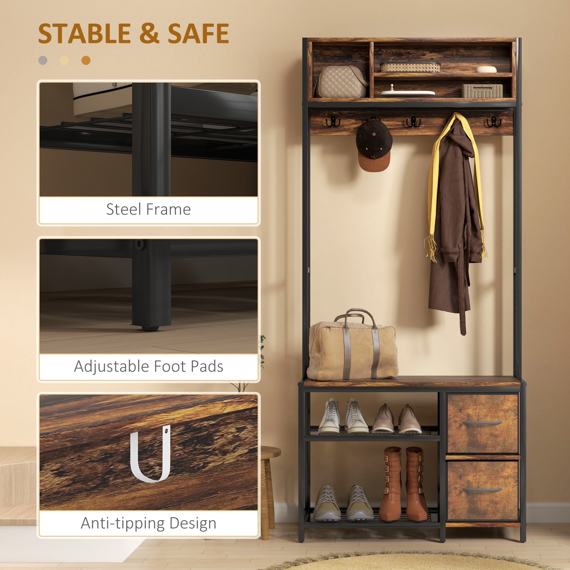 Hall Tree with Bench and Shoe Storage, 5-in-1 Entryway Bench with Coat Rack, 3 Storage Shelves, 2 Fabric Drawers, Brown