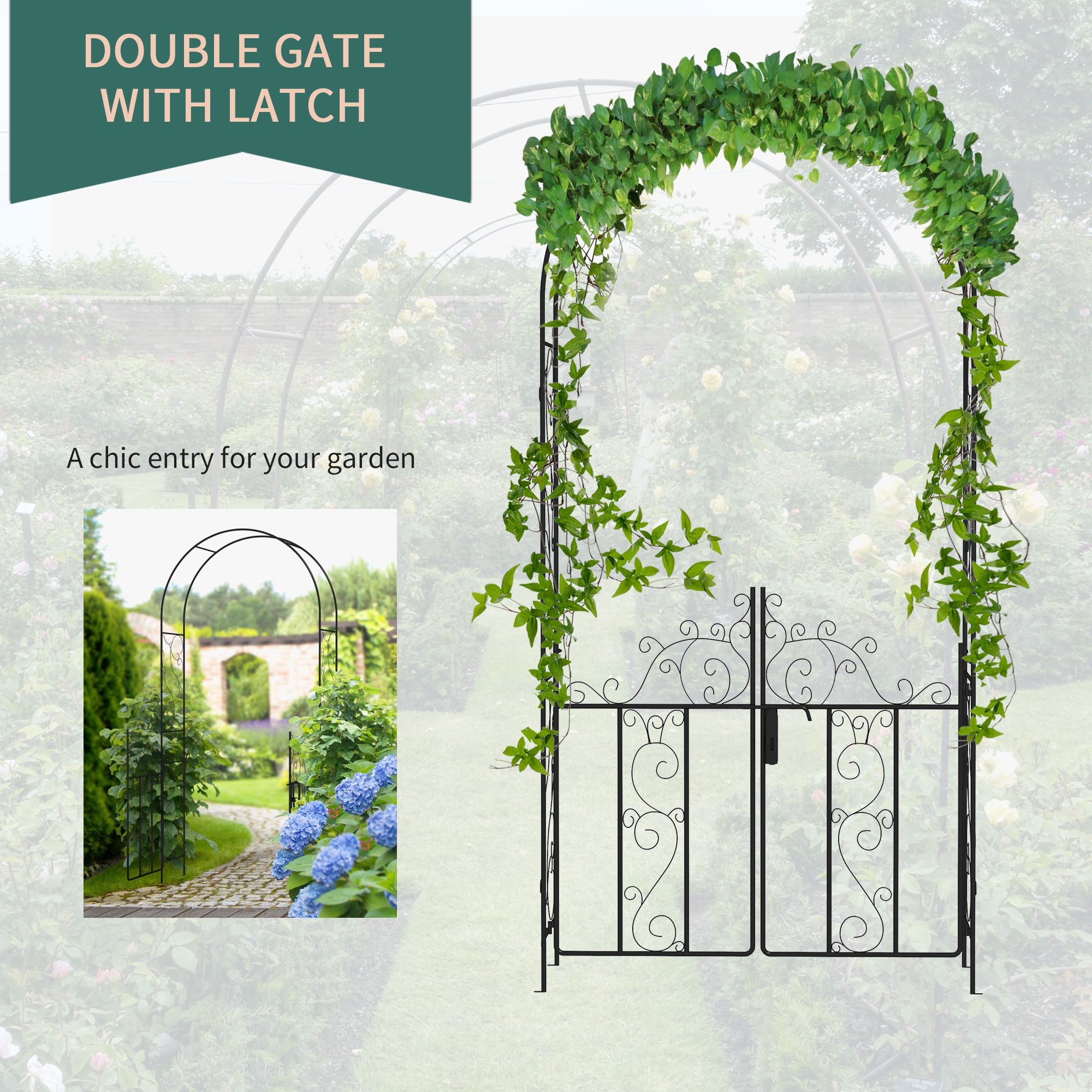 89.25" Metal Garden Arch with Gate, Garden Arbor Trellis for Climbing Plants, Roses, Vines, Wedding Arch, Black - Black - Image 5