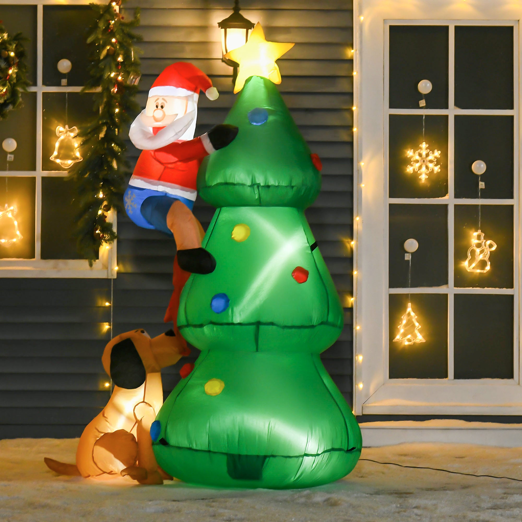 Inflatable Christmas Tree Decorations with Santa Claus annd Puppy Dog with LED, Outdoors Christmas Decor for Yard, Lawn