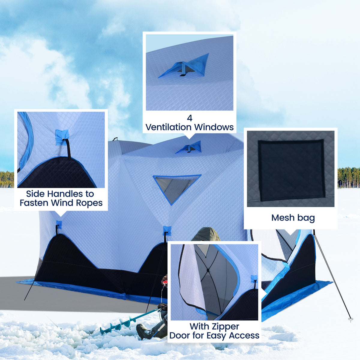 8 Person Ice Fishing Shelter, Pop-Up Ice Shanty Tent, Insulated Portable Tent with 2 Doors & Carrying Bag, Light Blue