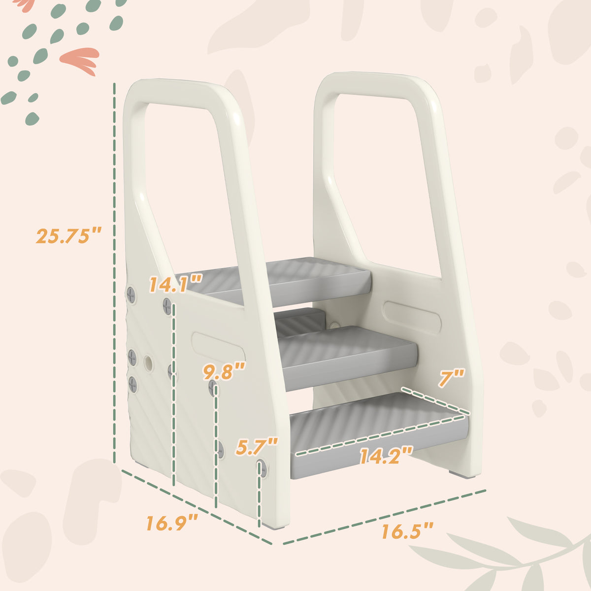 Qaba Adjustable 3 Step Toddler Tower with Handles, Non-slip Surface & Foot Pads, Gray