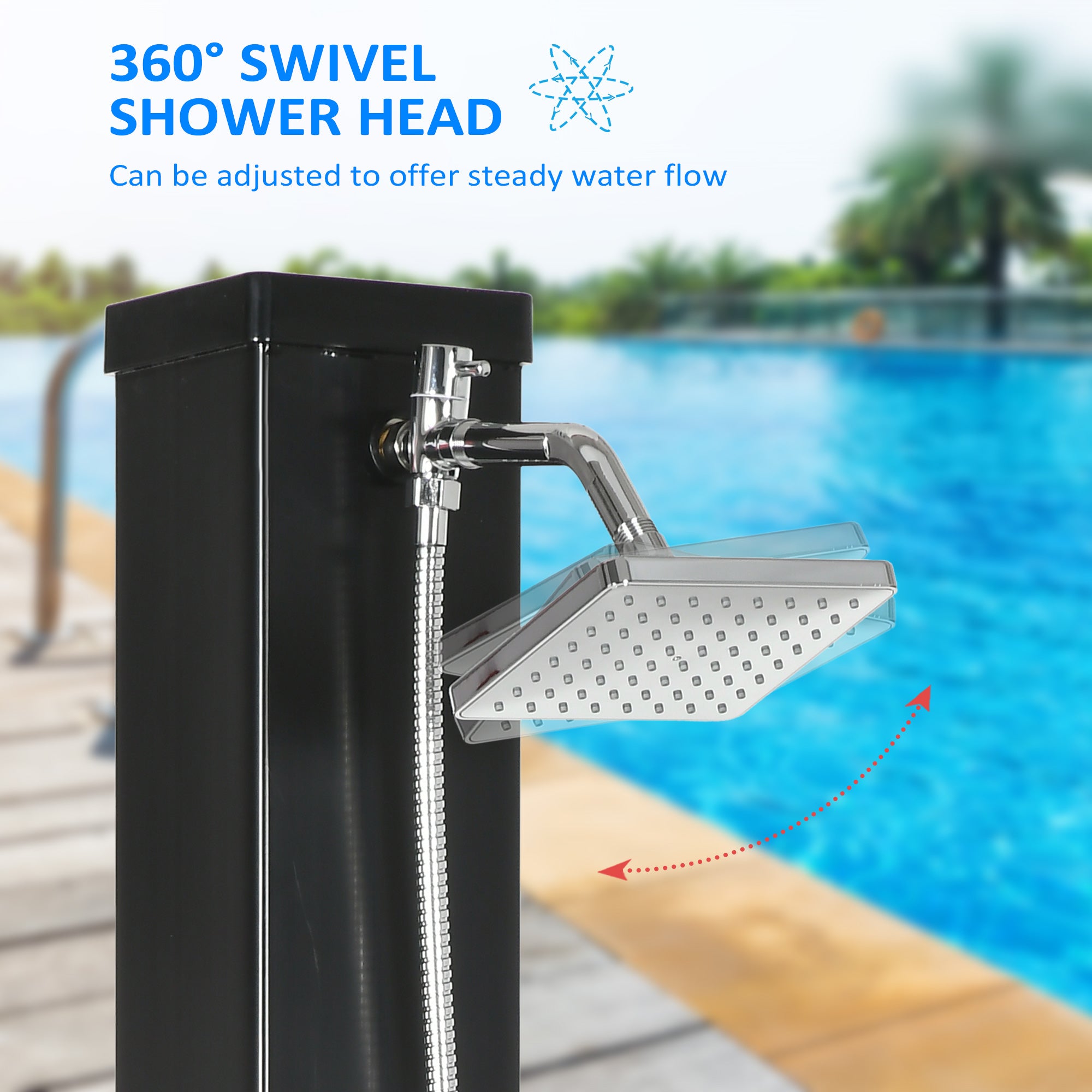 10.6 Gallons Solar Heated Shower with 360 Rotating Rainfall, Handheld Shower Head, Temperature Adjustment & Foot Shower, 2-Section Outdoor Shower for Backyard Poolside Beach Pool Spa, 7ft
