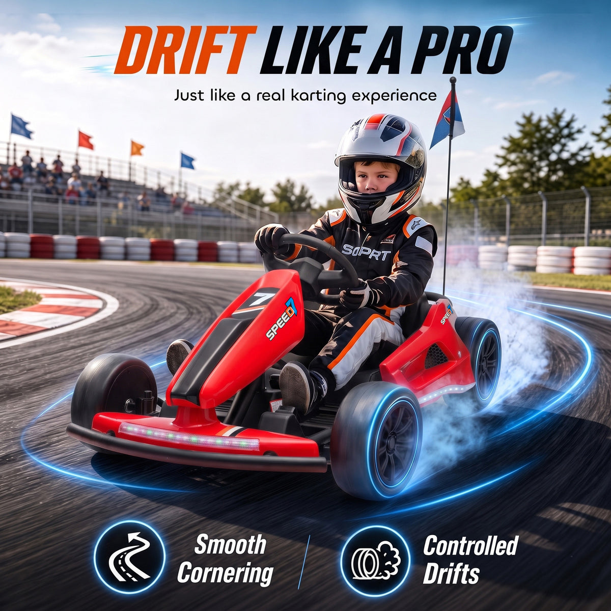 24V Electric Drift Go Kart for Kids with Dual Motors, Soft Start, PU Wheels, 7.5MPH High Speed, for Ages 6-14, Red