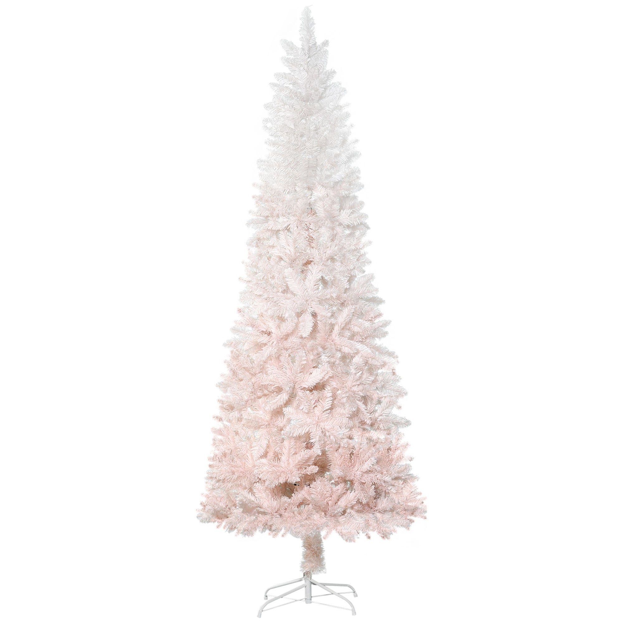7' Tall Unlit Pencil Fir Artificial Christmas Tree with Realistic Branches and Steel Base, Pink and White