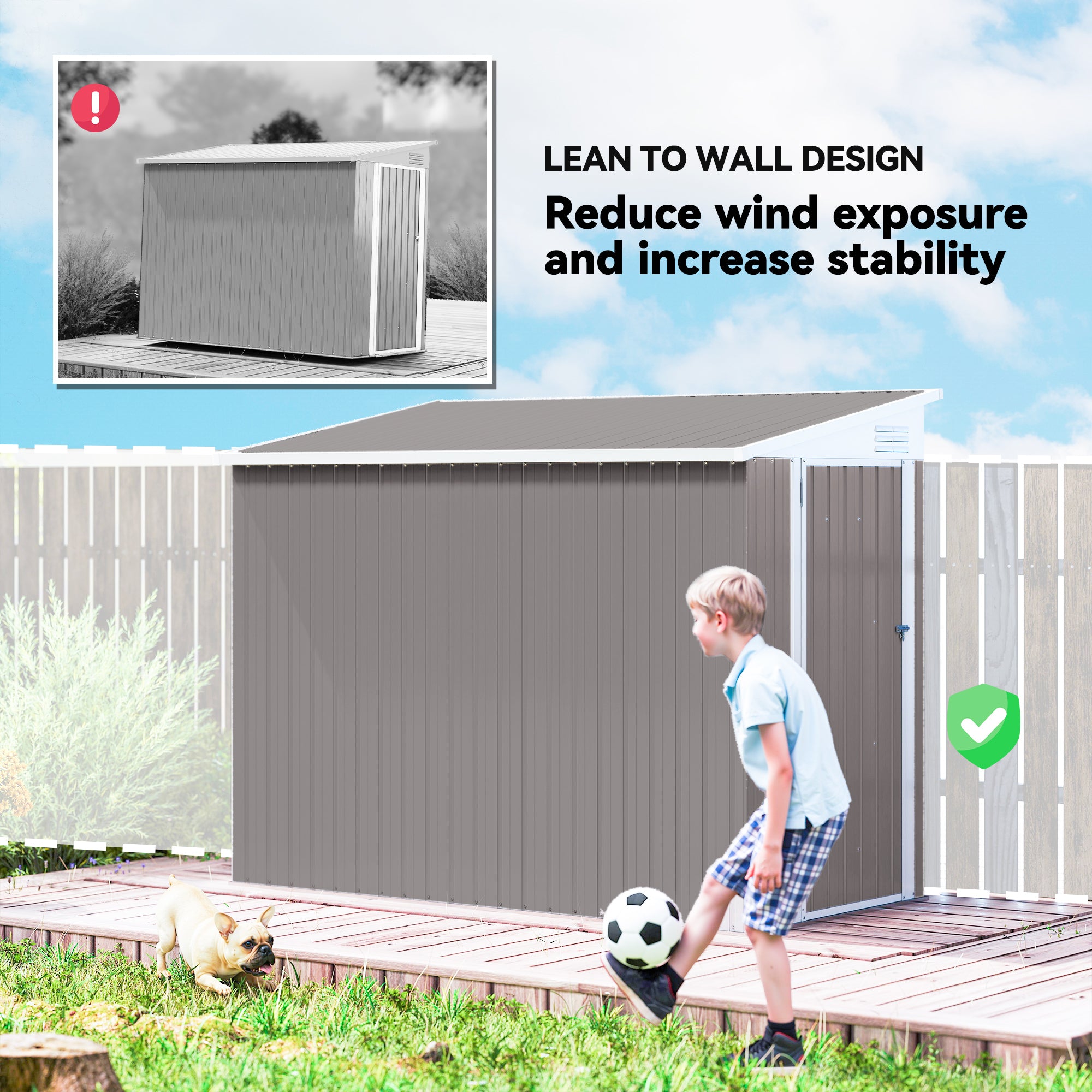 4' x 8' Lean to Garden Storage Shed, Outdoor Metal Tool House with Lockable Door Vents for Backyard Patio Lawn, Light Gray - Light Gray - Image 6